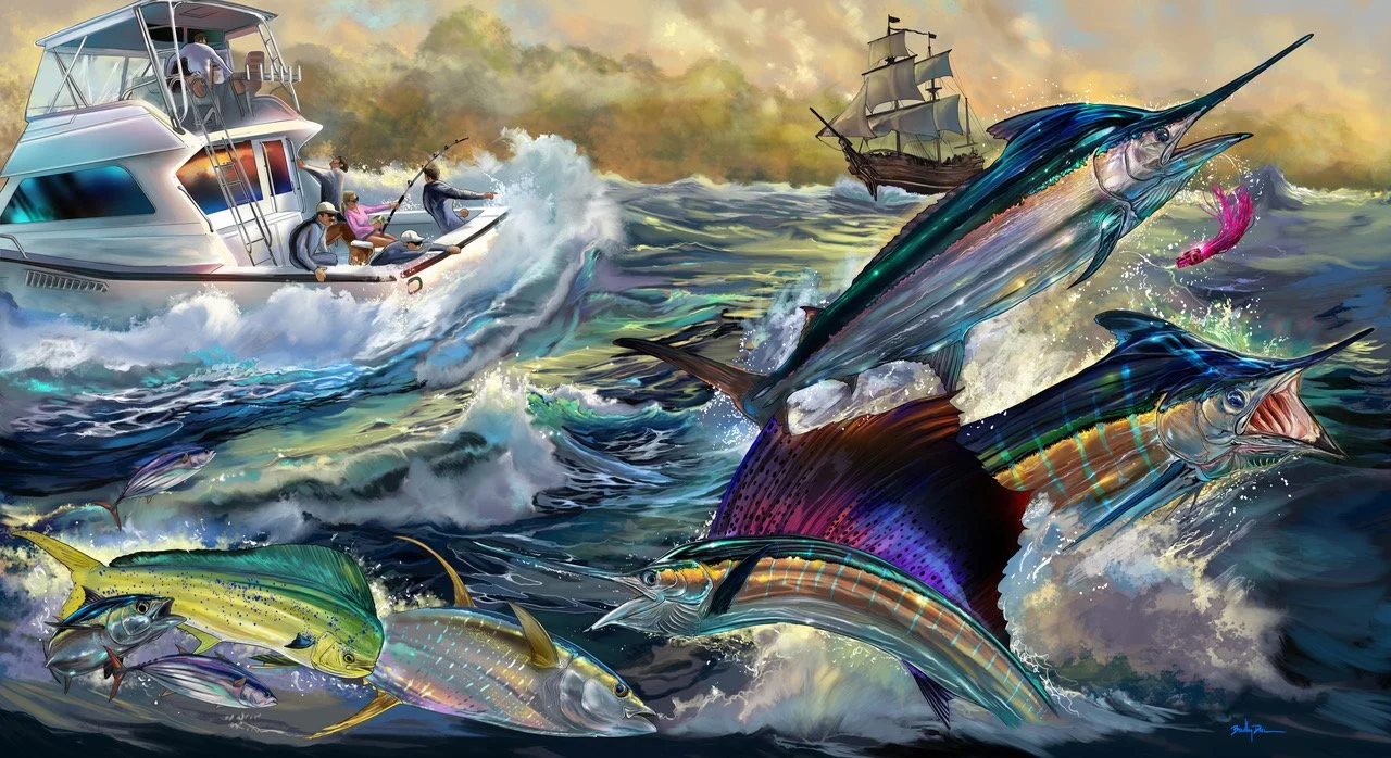 A boat on the ocean with people fishing, large marlins and other fish attacking the boat, in a dramatic scene.