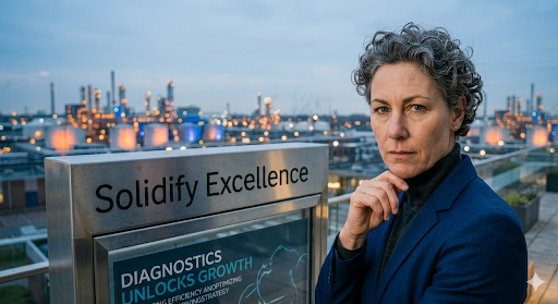 An executive standing by a 'Solidify Excellence' sign, representing data-driven growth through the LEH Assessment and the Six Characteristics of Effective Leaders Pivot Assessment.