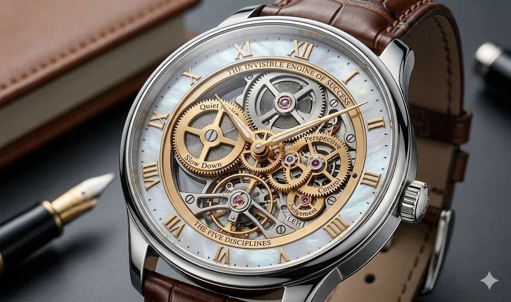 A high-end mechanical watch showing internal gears, representing the complex internal mechanics and five disciplines of leadership excellence."
