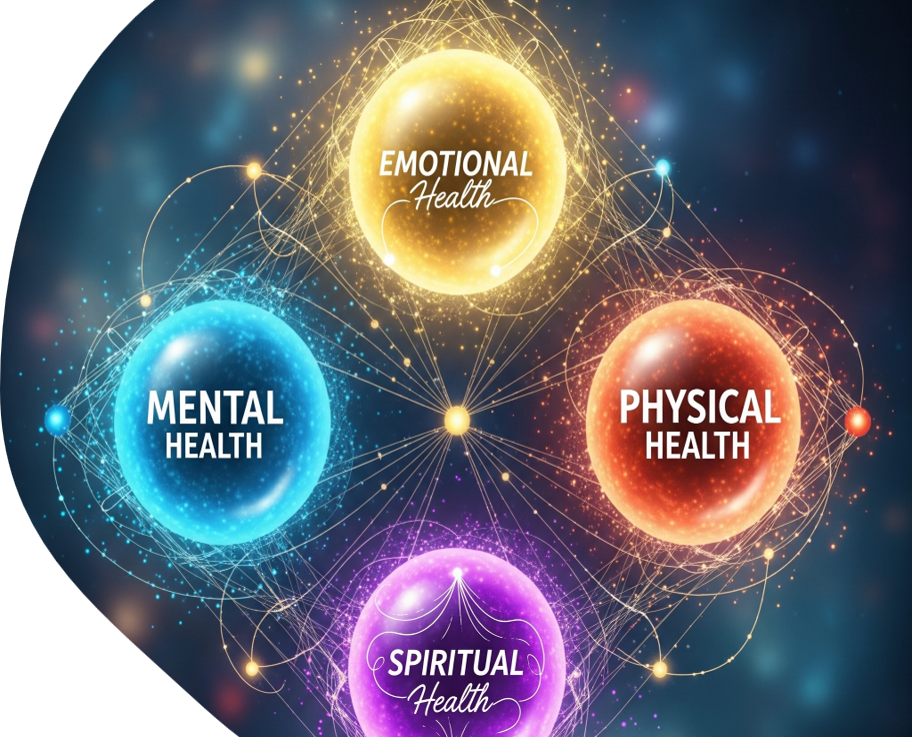 A digital illustration of four interconnected spheres representing different aspects of health: mental health in a blue sphere, emotional health in a yellow sphere, physical health in an orange sphere, and spiritual health in a purple sphere, with a cosmic background and connecting lines.