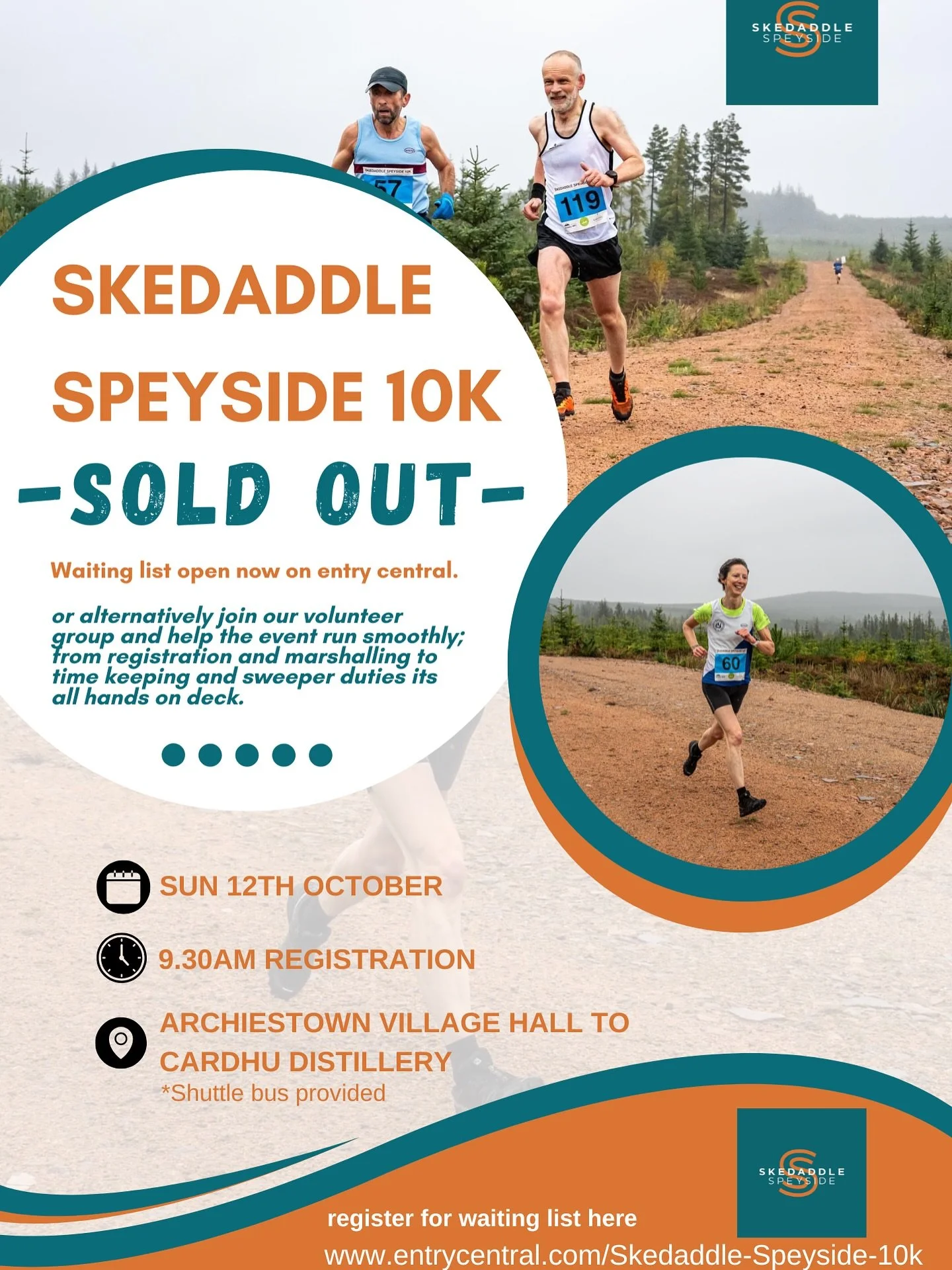 Sold OUT! 😮

Our 10k is a SELL OUT - eek! Waiting list available or ; 

If you&rsquo;re around on Sunday 12th October , email Sally at hello@skedaddlespeyside.com to join our marshalling team. The perfect opportunity to be involved on the day withou