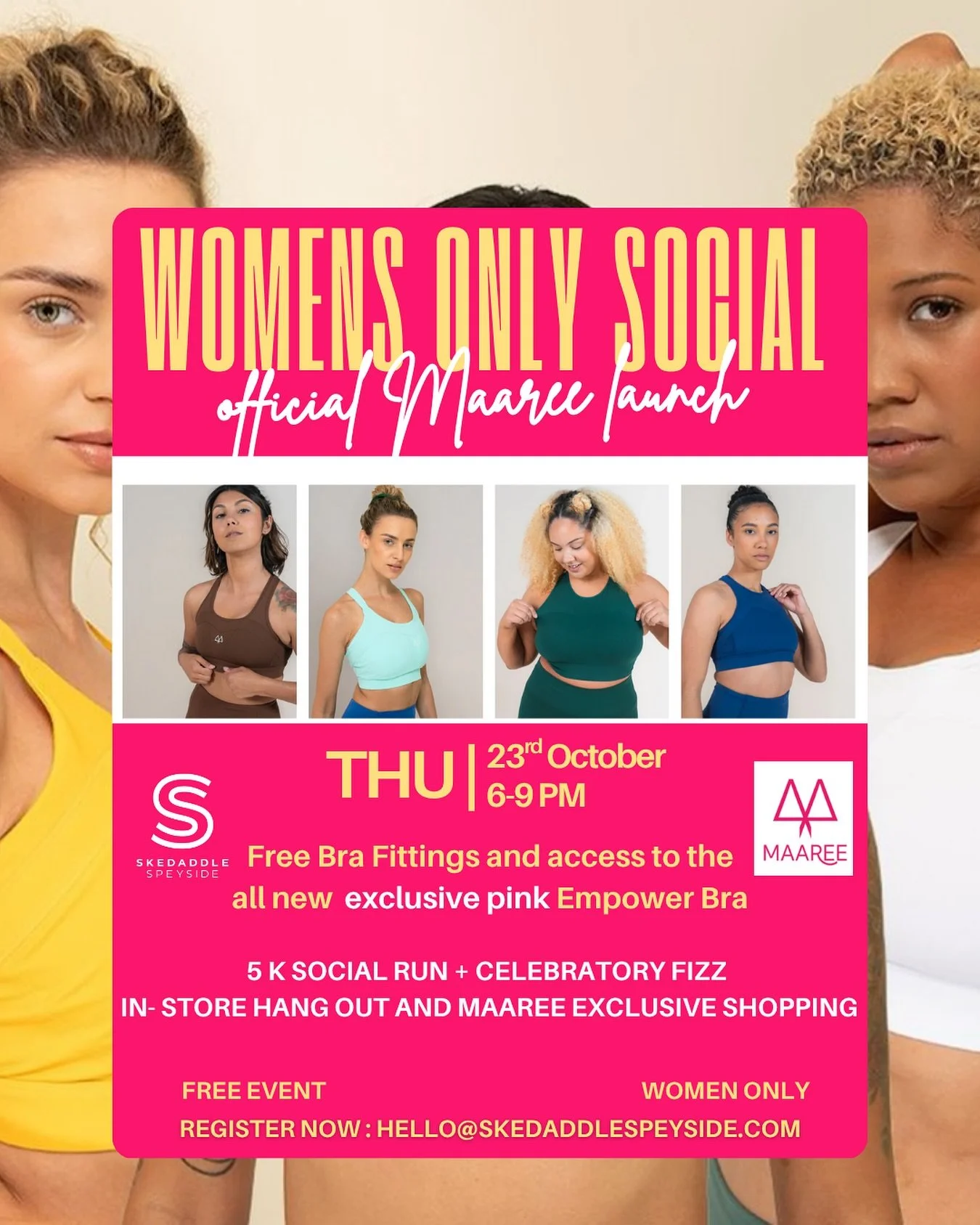 🌸💗WOMENS ONLY SOCIAL : THURSDAY 💗🌸
Hard Launch of @maaree  x @skedaddlespeyside.shop 
We are so pleased to announce this gorgeous collaboration event in support of Breast Cancer Awareness Month 💓💐
• 5k Social Run 🏃‍♀️ 
• Exclu