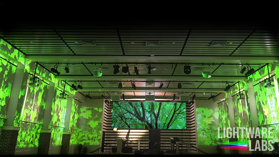 Church event space Immersive environment with custom media and mapping 8 projectors