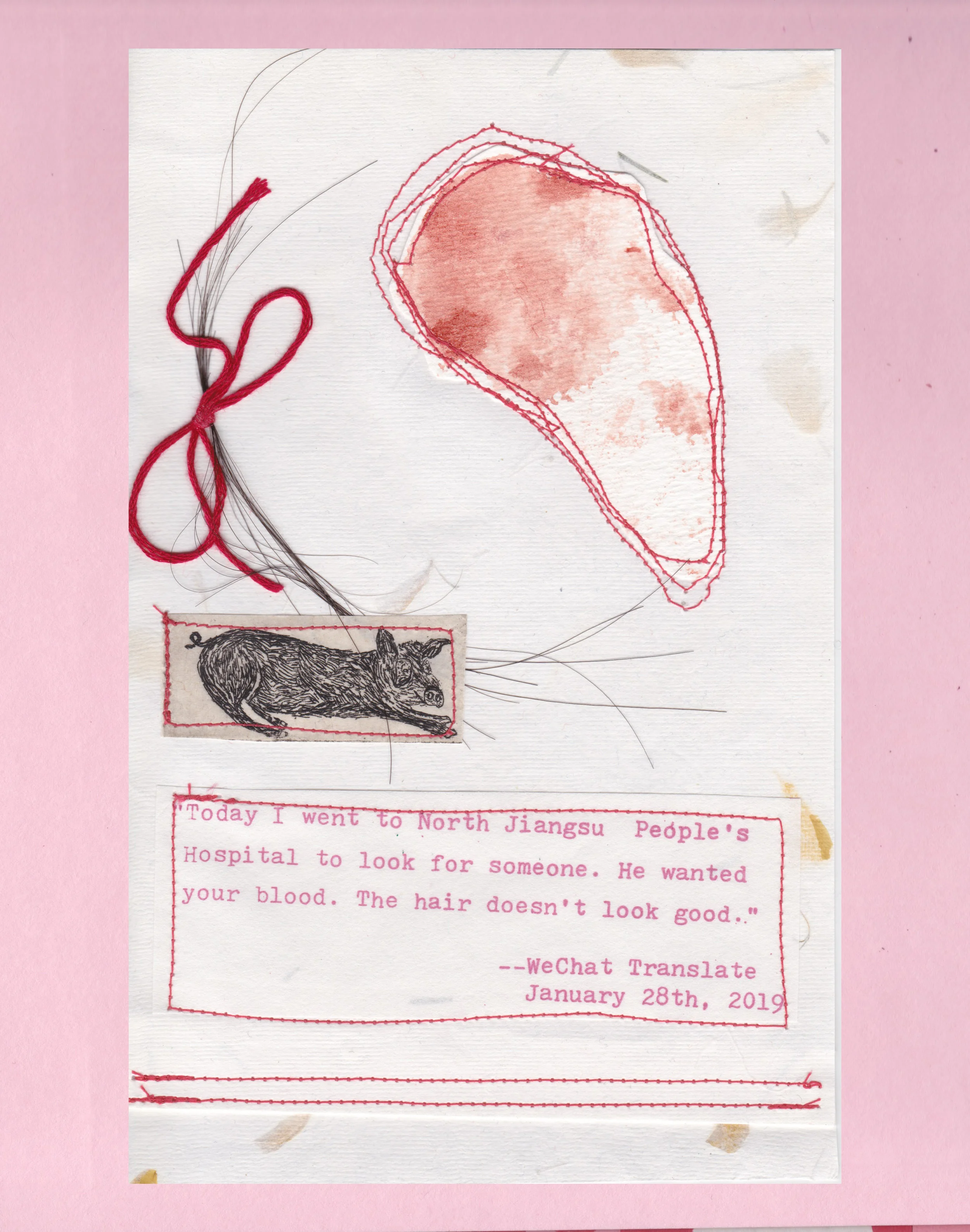"Offering," stitched silkscreen, etching, hair, and menstrual blood on handmade floral paper, artist proof (AP)