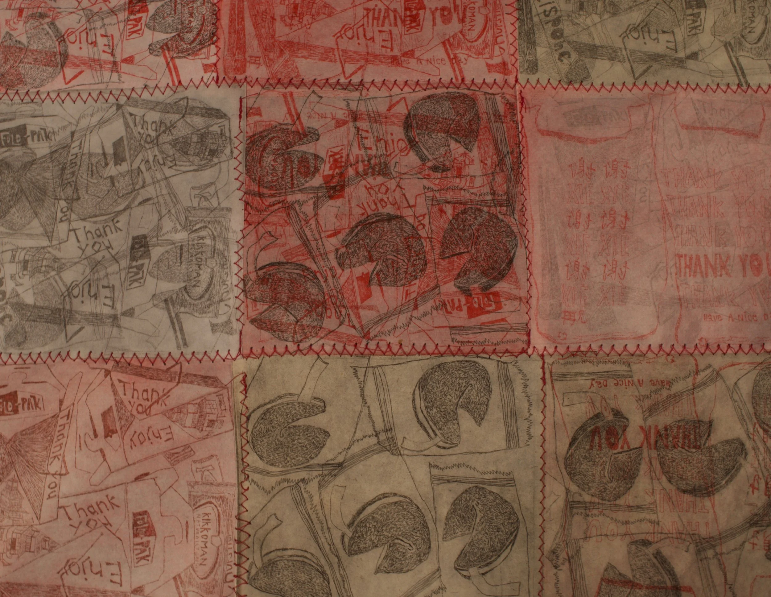 Let’s Eat! (a picnic) — detail 50” x 51”, 3 plate copper intaglio etching, stitched on hosho paper, handmade mulberry paper, and handmade lama li paper, Artist Proof (AP) 1/1, Each individual plate = 4.5”x5” November 2018