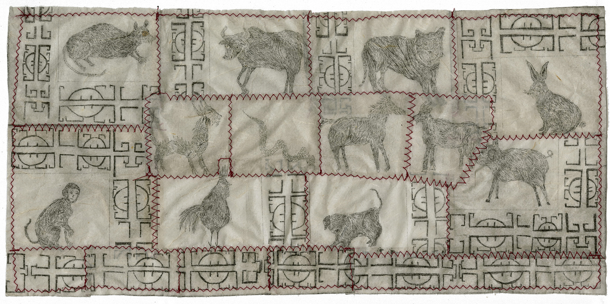 Let’s Eat! (placemat v.1) 7.5” x 15.75”, Copper intaglio etching, stitched on okawara, Artist Proof (AP) 1/1, from a larger copper plate 12” x 18” November 2018