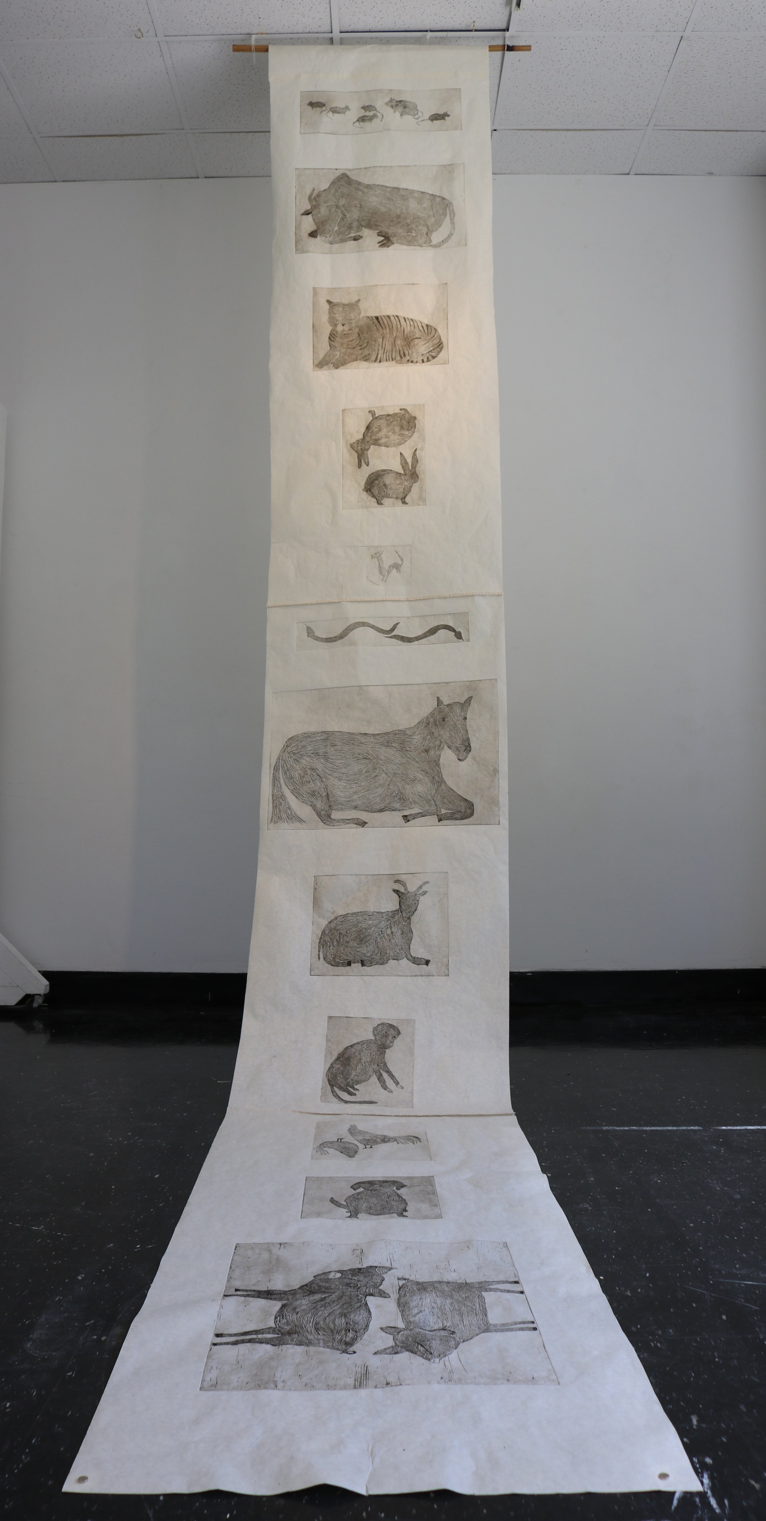 A Complete Cycle 212” x 30”, March-April 2018, Intaglio etchings on okawara paper, hand stitched