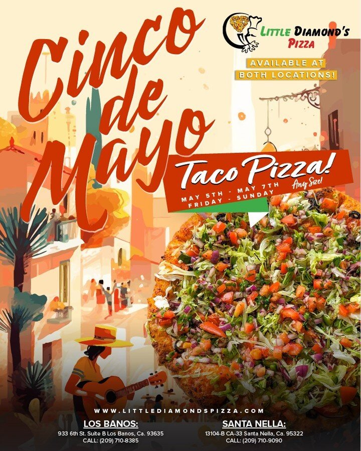 Celebrate Cinco de Mayo with our 🥙🍕 TACO PIZZA with Pico de Gallo!!!

Starting this Friday May 5th for Cinco de Mayo! Available all weekend until Sunday May 7th!

😋🔥 Taco Pizza: Marinara &amp; White Garlic Sauce mixed, Mozzarella Cheese, Bell Pep
