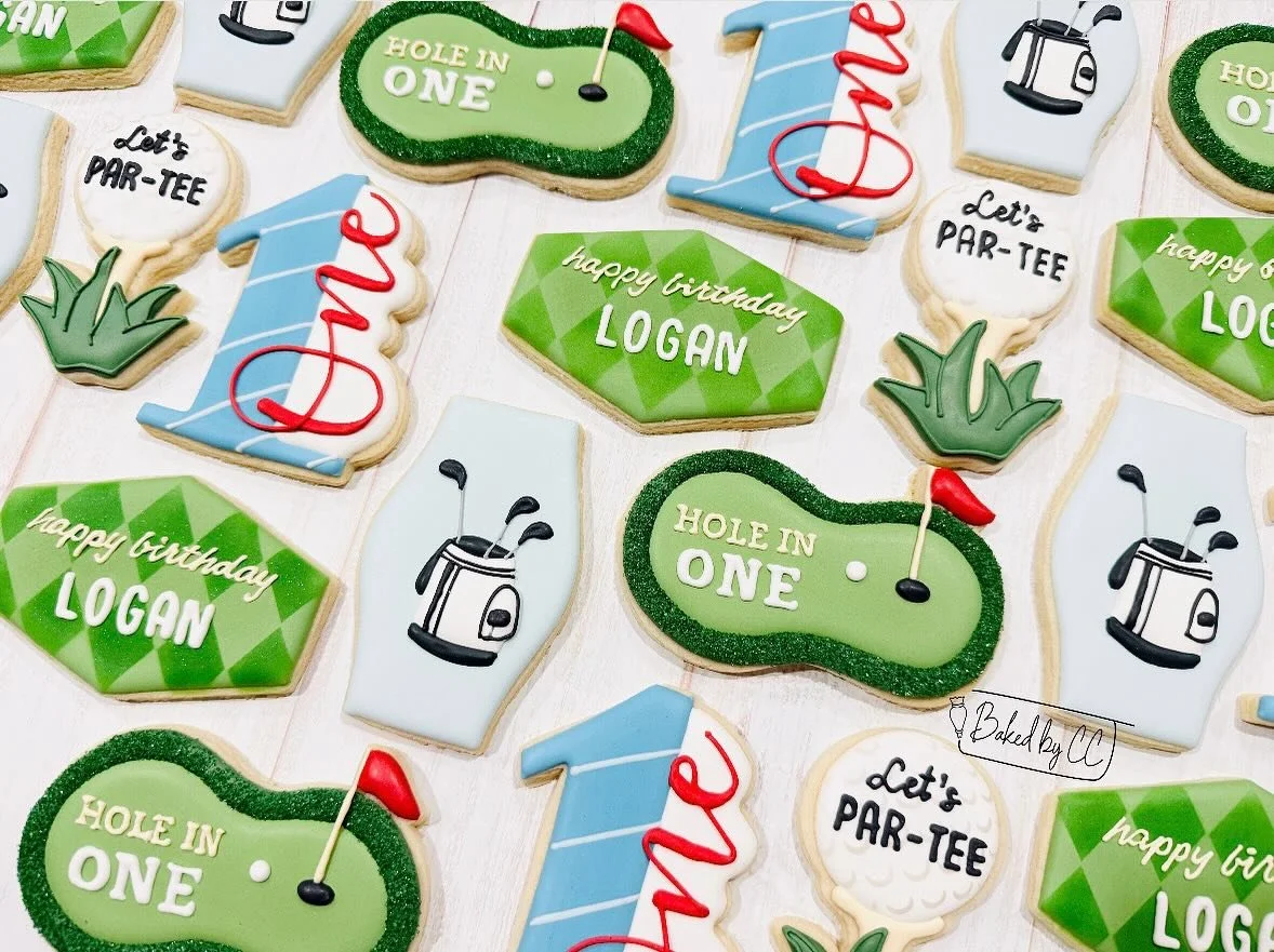 It’s a PAR-TEE! ⛳️ Happy 1st birthday, Logan!
.
.
.
.
.
#sugarcookies #decoratedsugarcookies #cookies #royalicing #royalicingcookies #cookiesofinstagram #customsugarcookies #customcookies #bakedbycc