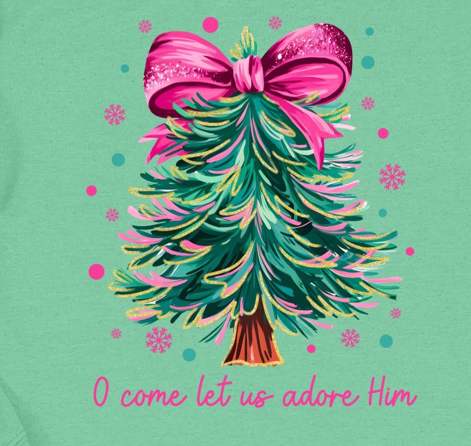 O Come Let Us Adore Him Pink Tree DTF