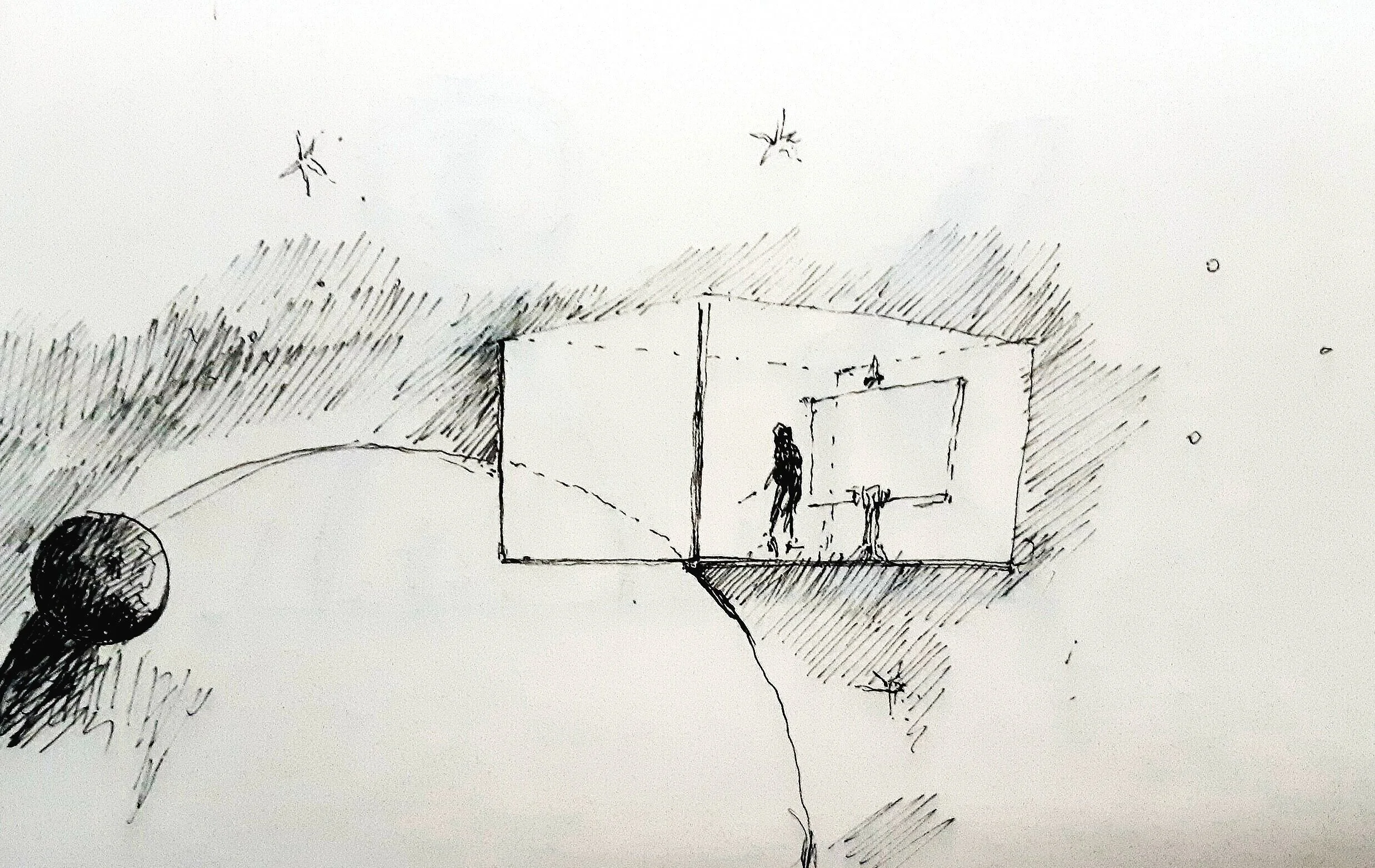 Sketch, 1995Johnson sketches his studio in space, from where many of his works were painted.