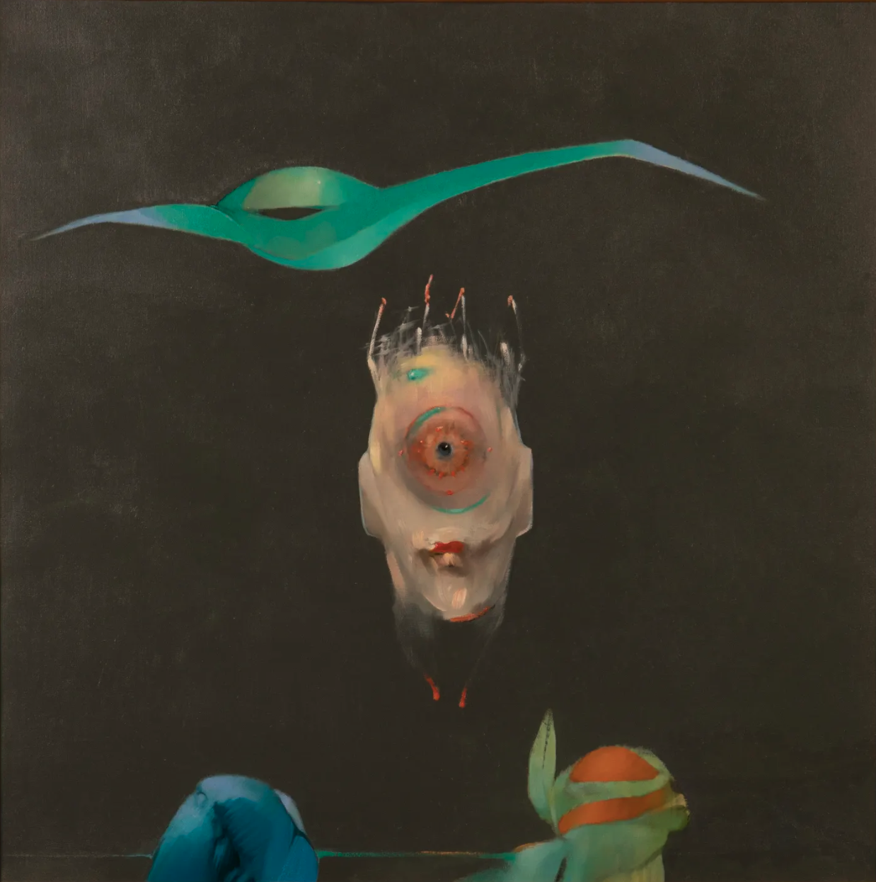 A painting by Artist - Anthony Johnson, entitles - Cyclops in Space featuring a Cyclops  Alien self portrait with a space craft in a dark background.
