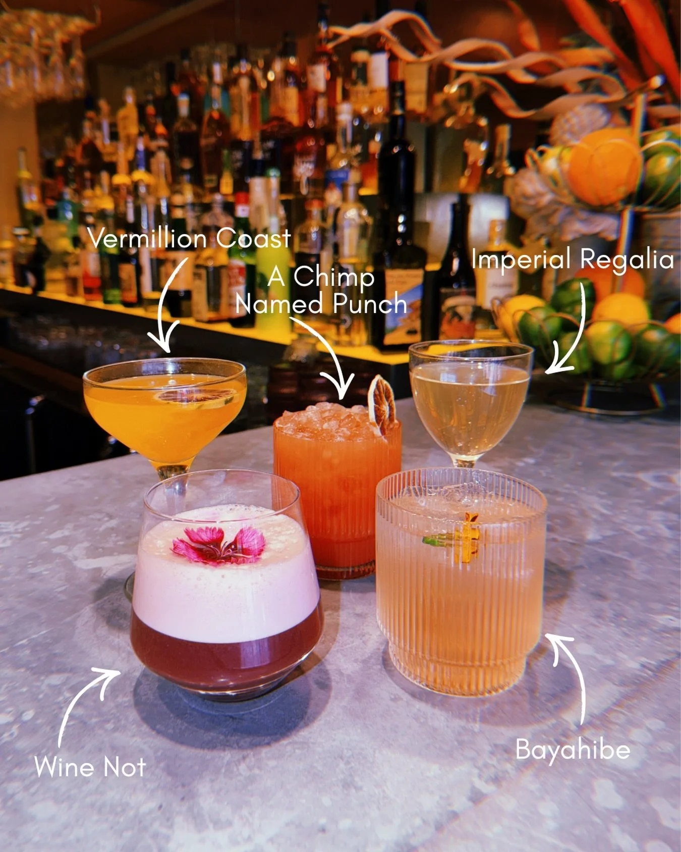 Spring Menu Alert! 🌸🍸

Vermillion Coast - Safflower mango infused tequila, demerara syrup, blood orange concentrate

A Chimp Named Punch - Coconut infused rum, banane de Brasil, cr&egrave;me de cacao, lime juice, tangerine juice, vanilla bean syrup