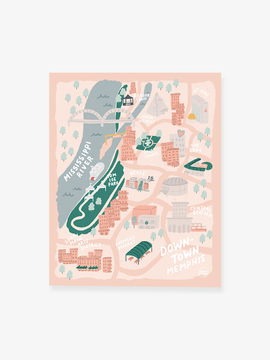Illustrated Memphis, TN Map Pink and Green