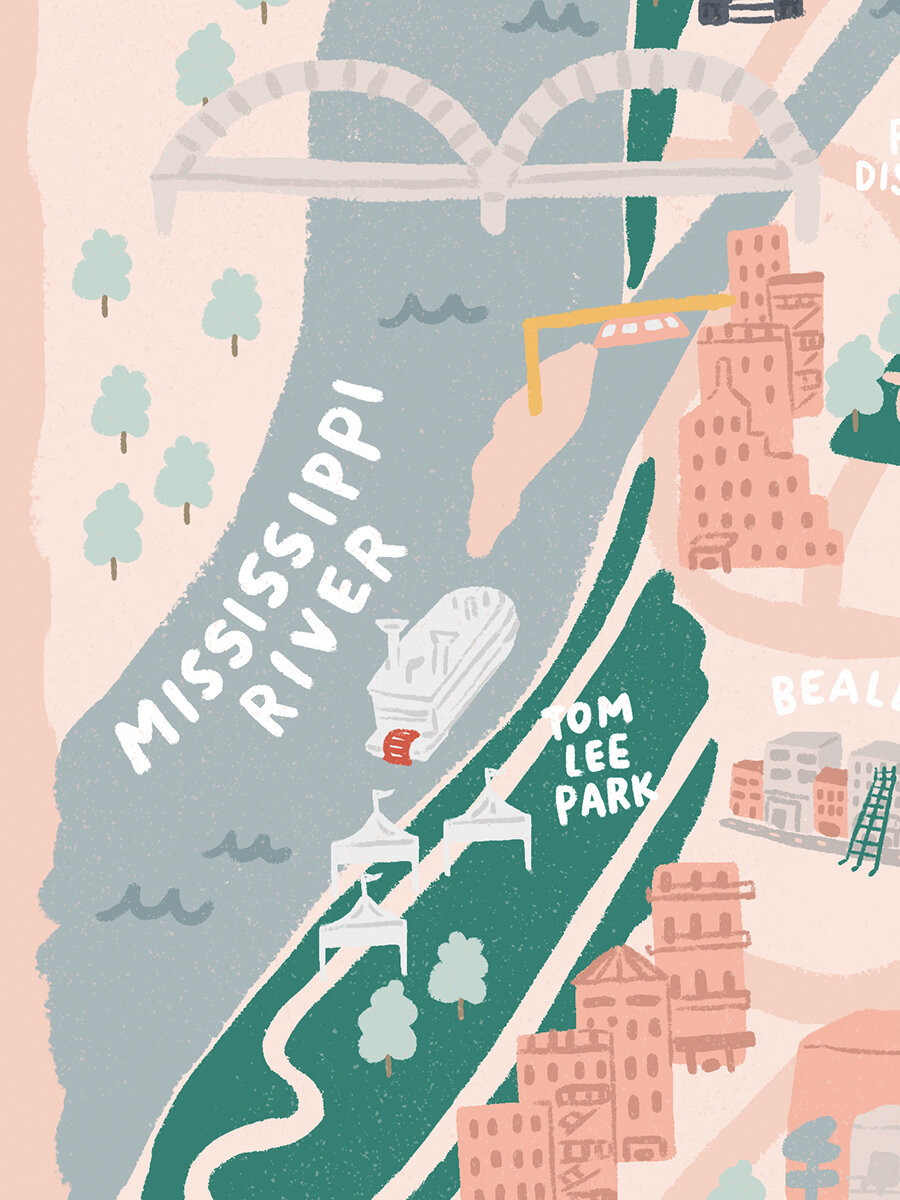 Illustrated Memphis, TN Map Pink and Green