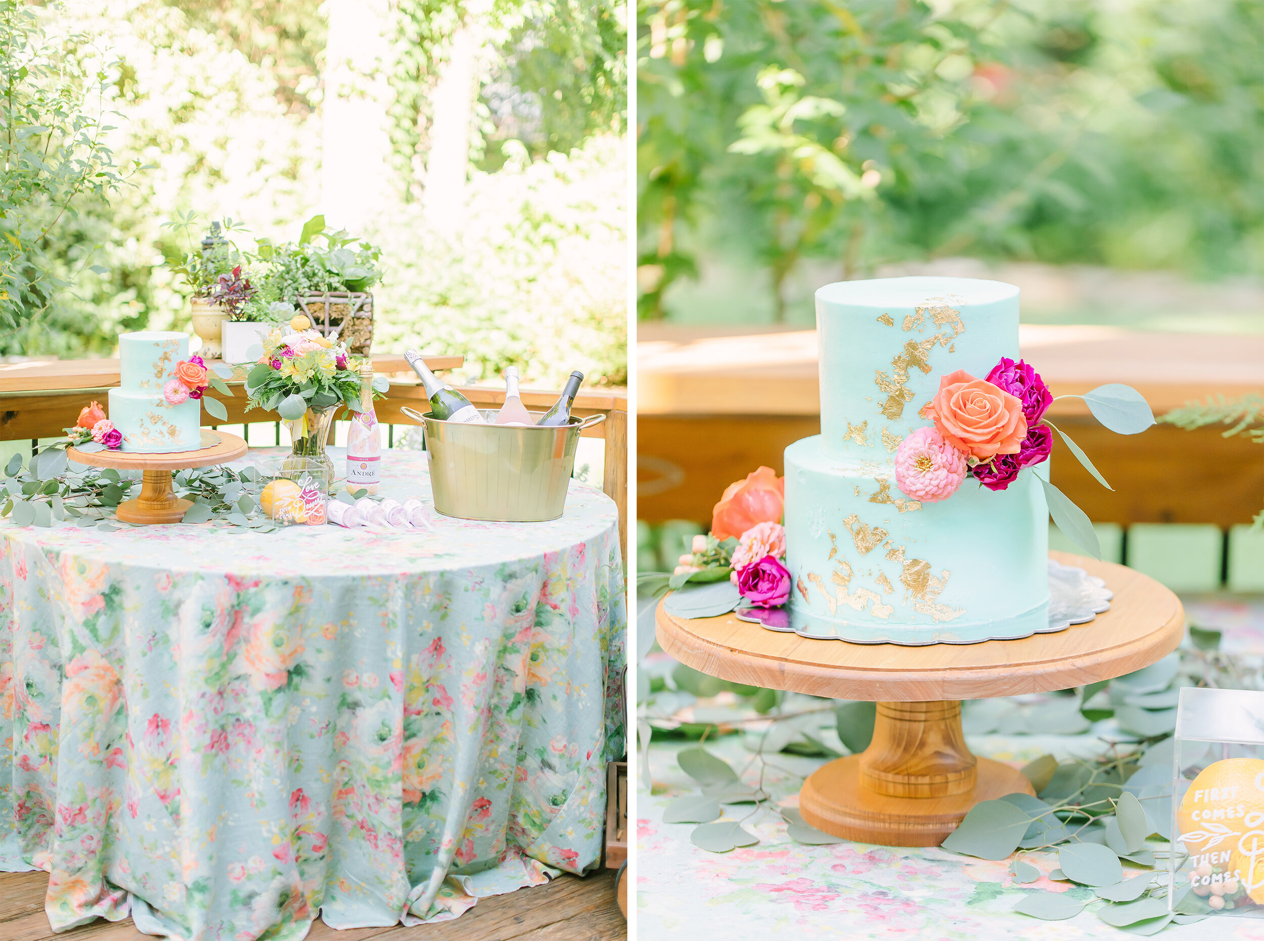 Mint Wedding Cake with Gold Leaf Cake Table Details Bright Floral Arrangement
