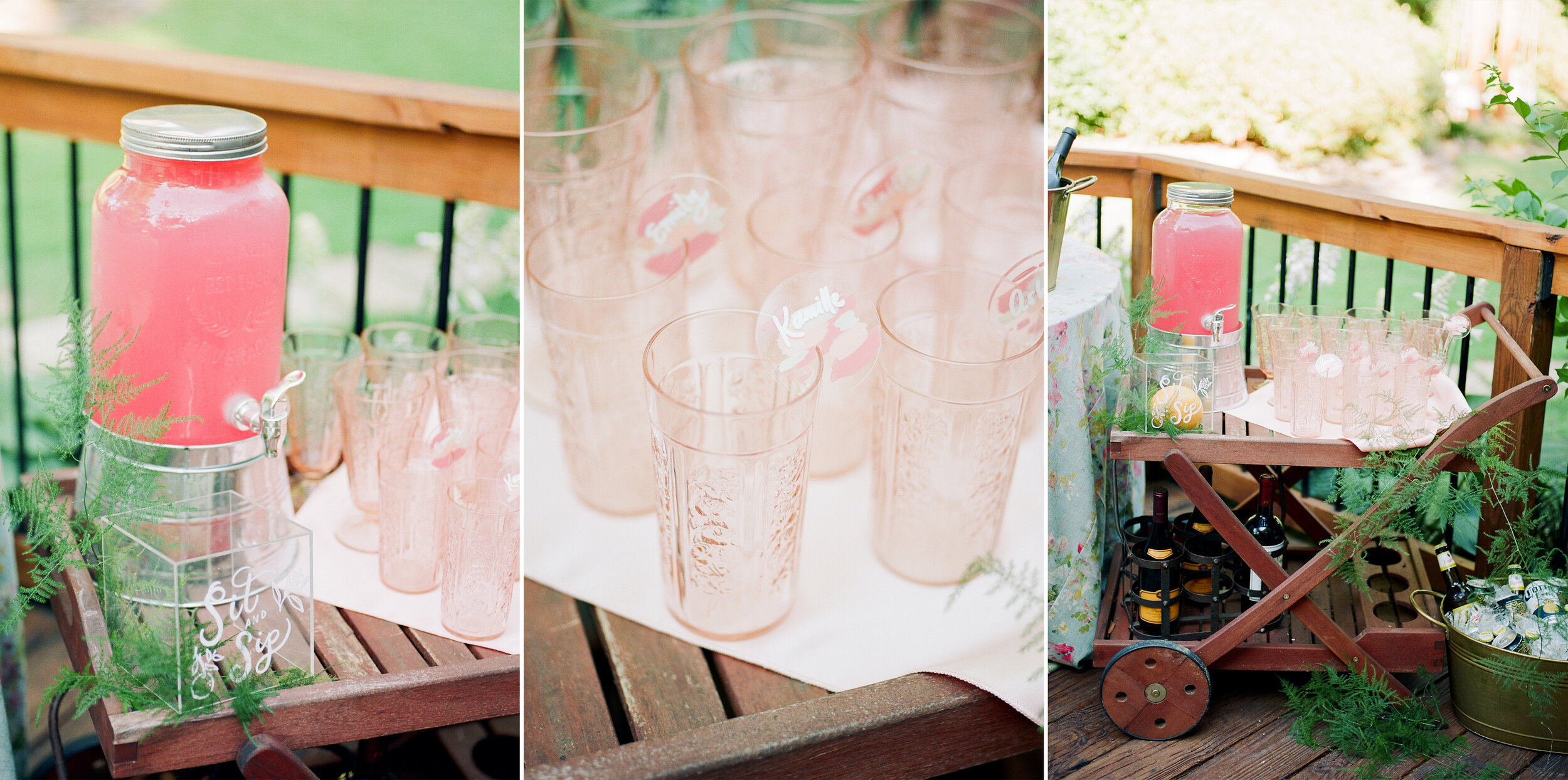 Summer Backyard Elopement Bar Cart Setup Details Pink Acrylic
