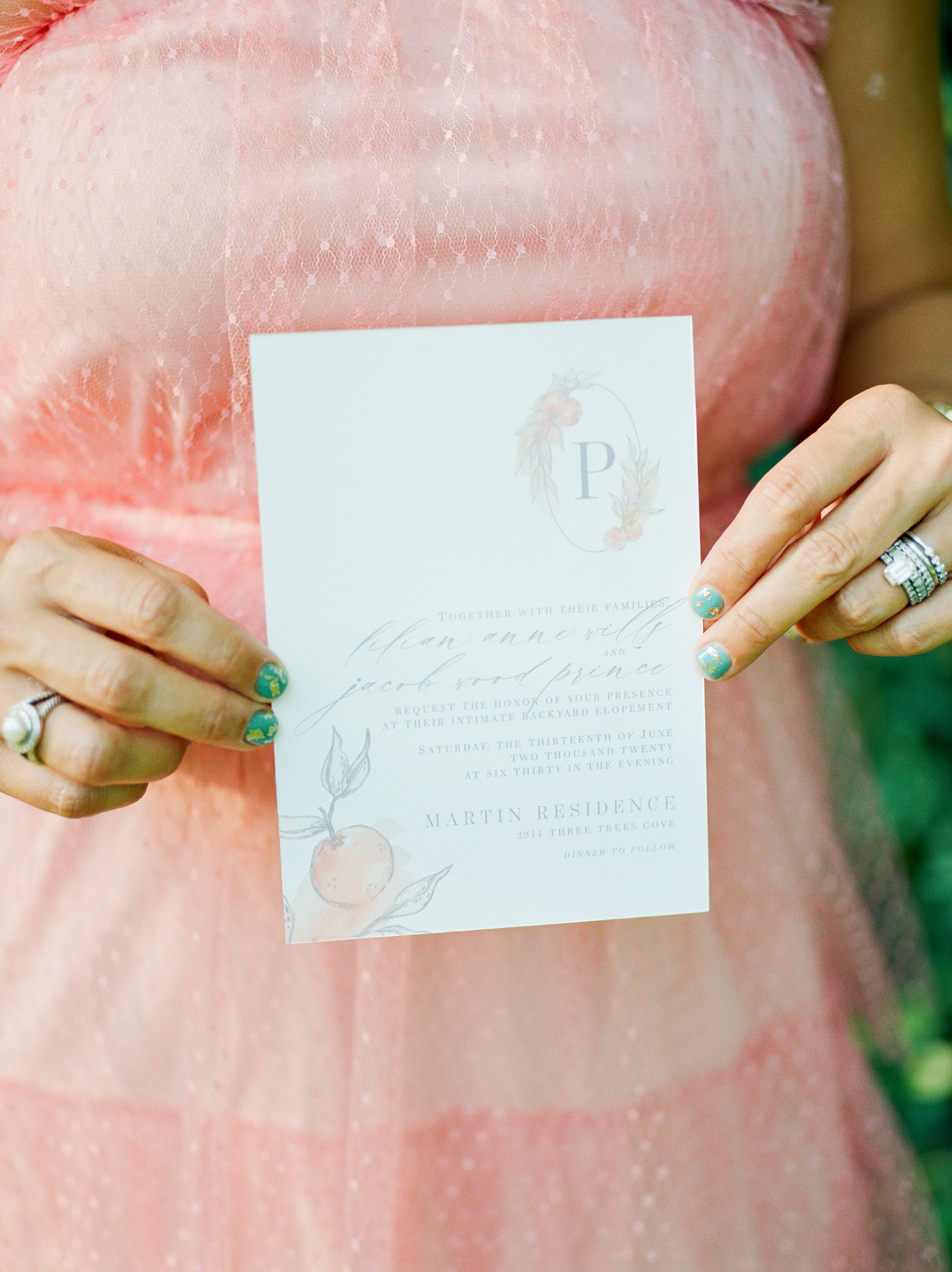 Citrus Themed Backyard Wedding Elopement, Watercolor Wedding Crest Peach, Pink