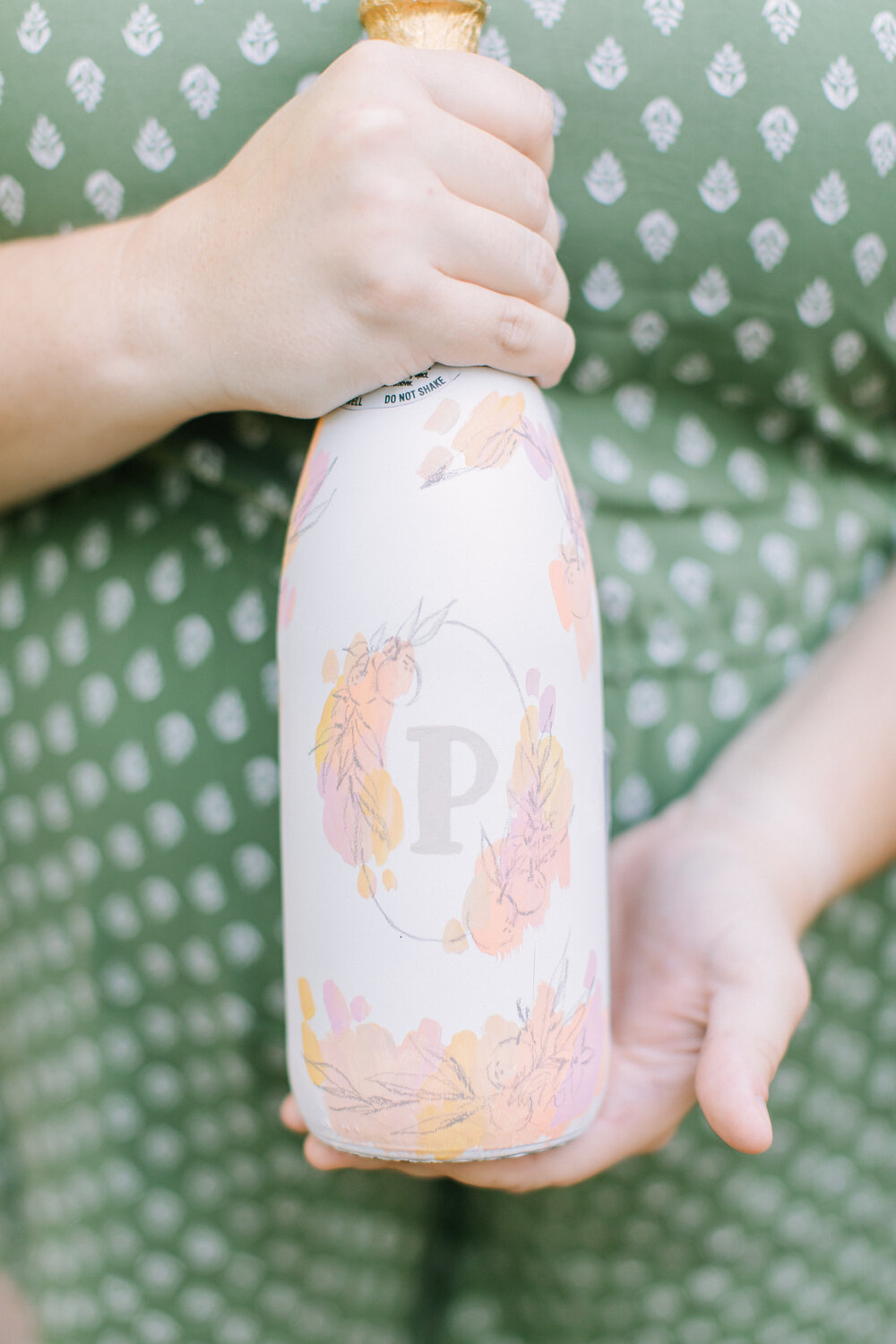 Painted Champagne Bottle Summer Elopement, Pink Crest Design Monogram "P"