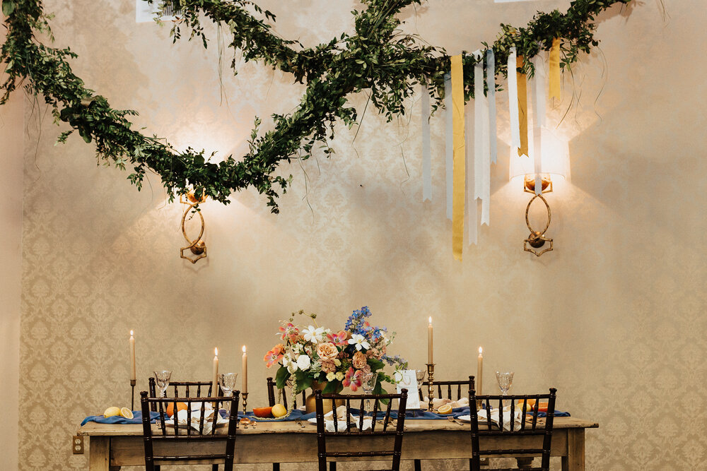 Indoor Wedding Tablescape Setup Design, Greenery, Ribbons