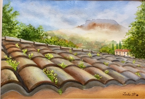   Morning over the roofs in Fontaine de Vaucluse   Watercolor  15x11 in ( 38x28cm) 