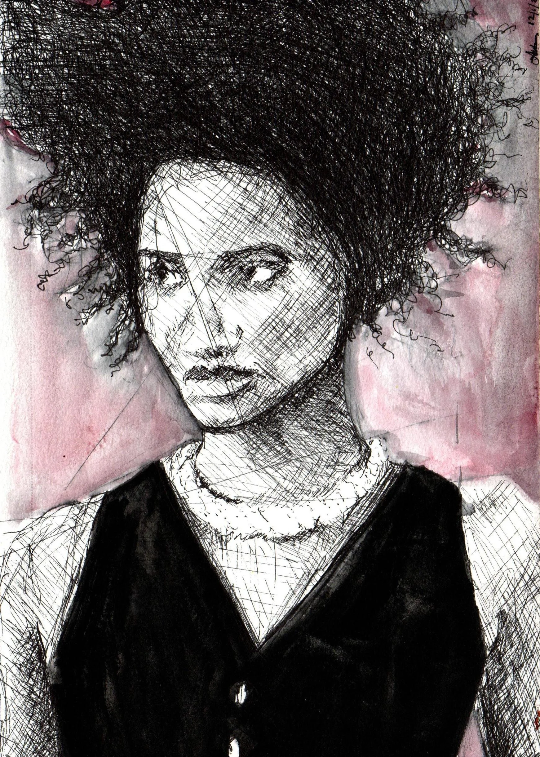 A woman with curly hair gazes to her right, a serious expression on her face. She is wearing a suit vest and a thick necklace collar. The woman is drawn in ink on a soft mauve background.