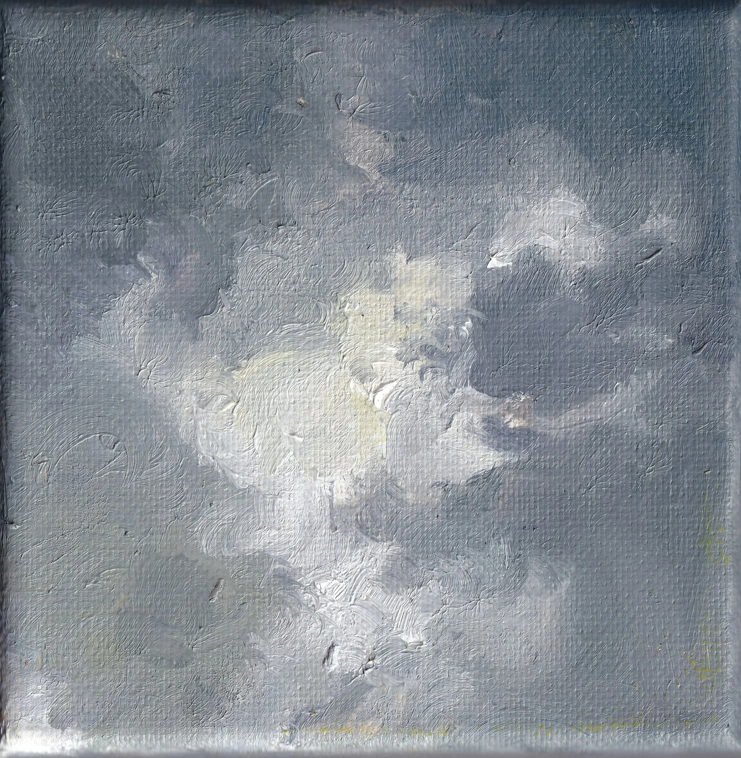 In this small square canvas, grey clouds cluster in at all sides, save the middle, where the milky light of day nearly bursts through the clouds.