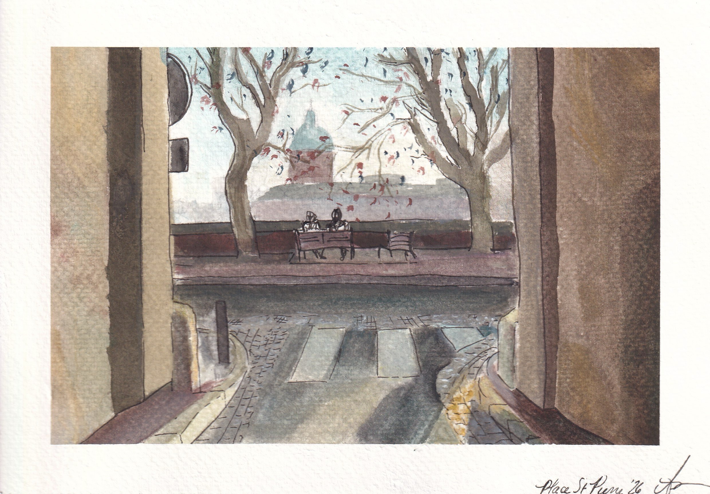 In watercolor/pen. Looking out an alley, sunlight hits a curb, casting it in gold. Across a narrow street, 2 people chat on a bench looking over a low wall. In the distance is a old brick building with a copper green roof. Trees are beside the bench.