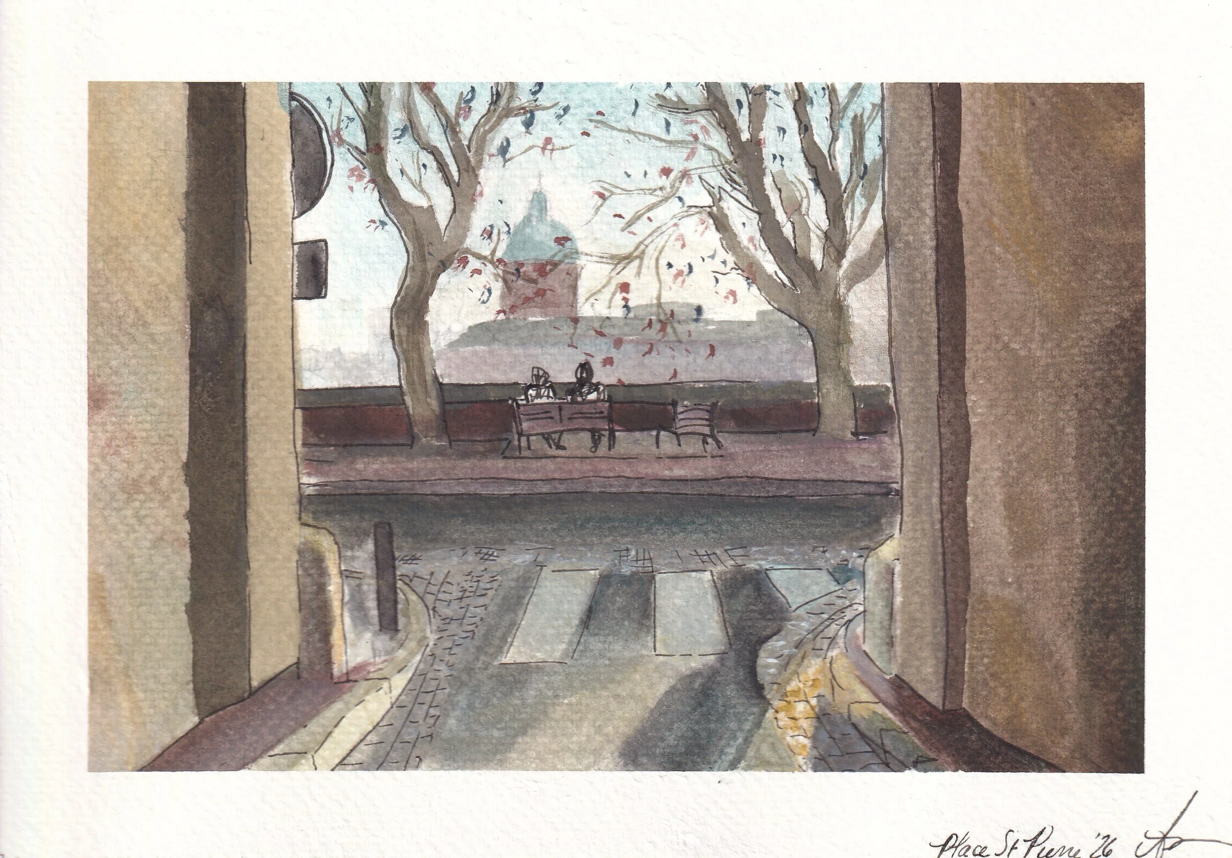 Place St Pierre, 2025, watercolor, 15 x 21 cm, available