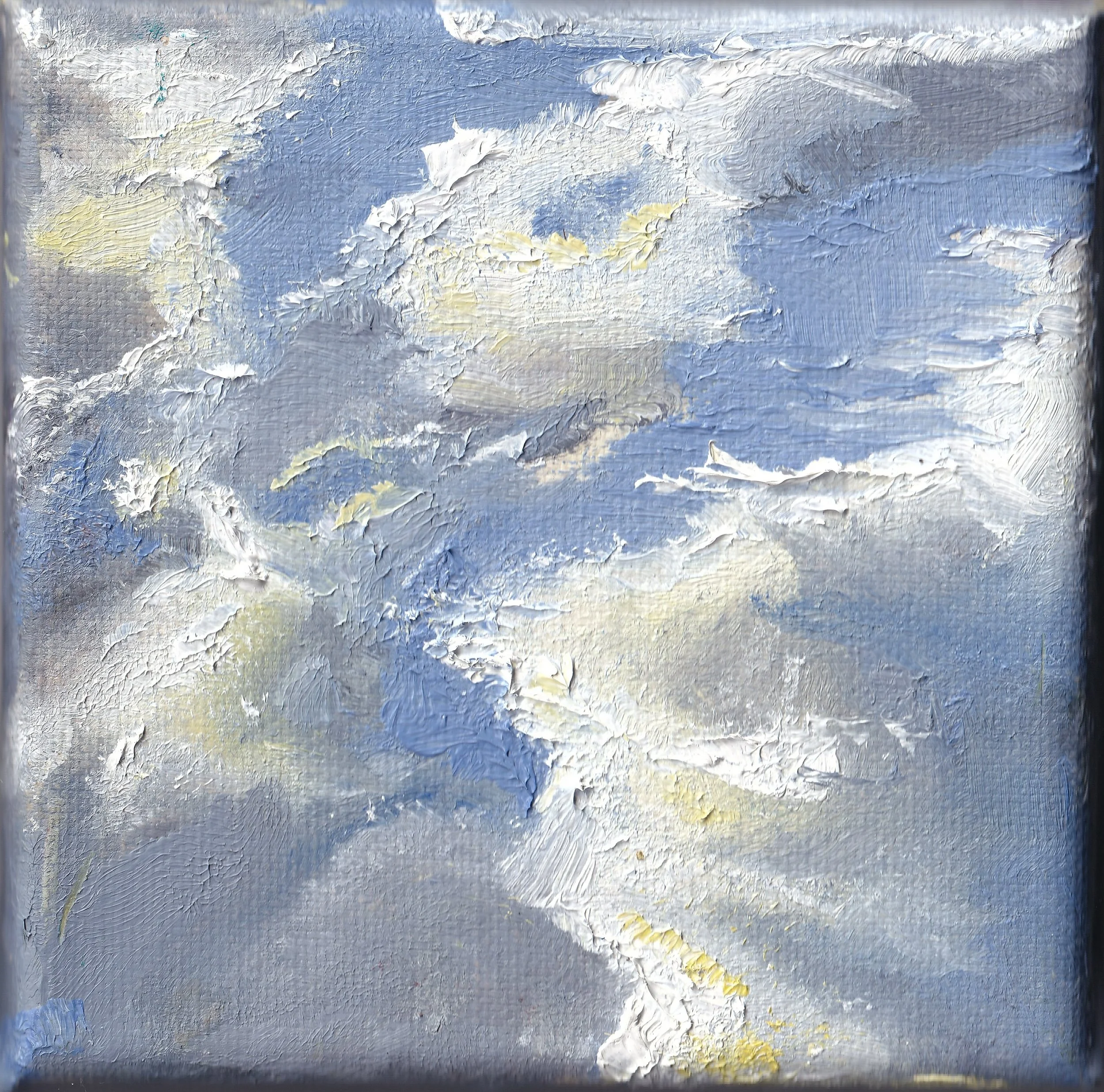In this small canvas, blue sky peeks behind moody grey clouds rimmed in white and hints of yellow.
