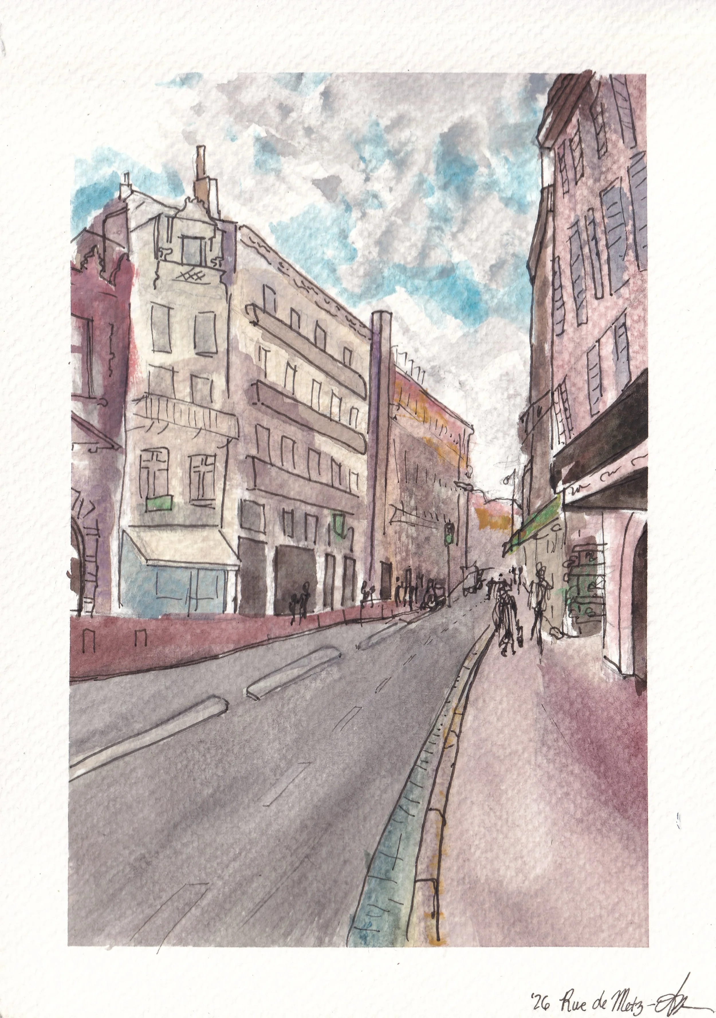 Rue de Metz, 2025, watercolor and pen, 15 cm x 20 cm - artwork by Nikita Andester