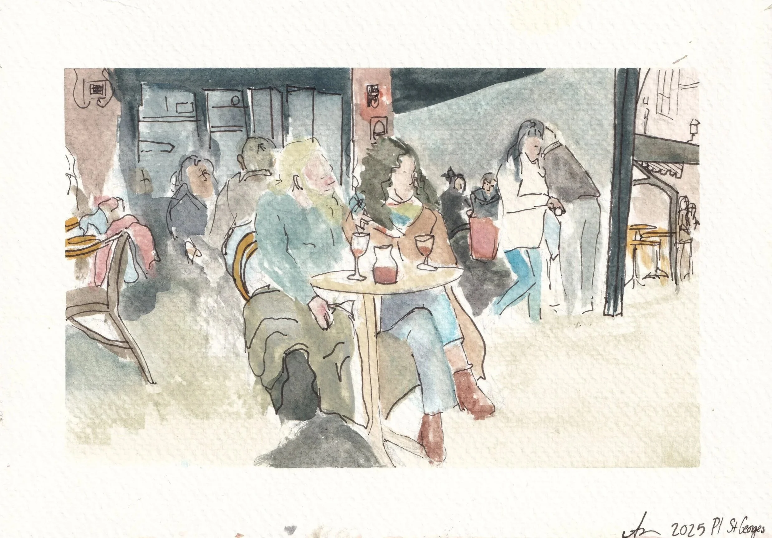 In watercolor and pen, a bearded blonde man and long-haired brunette woman sit at a cafe table, a pitcher of wine and two glasses between them. Behind them, customers drink and chat.