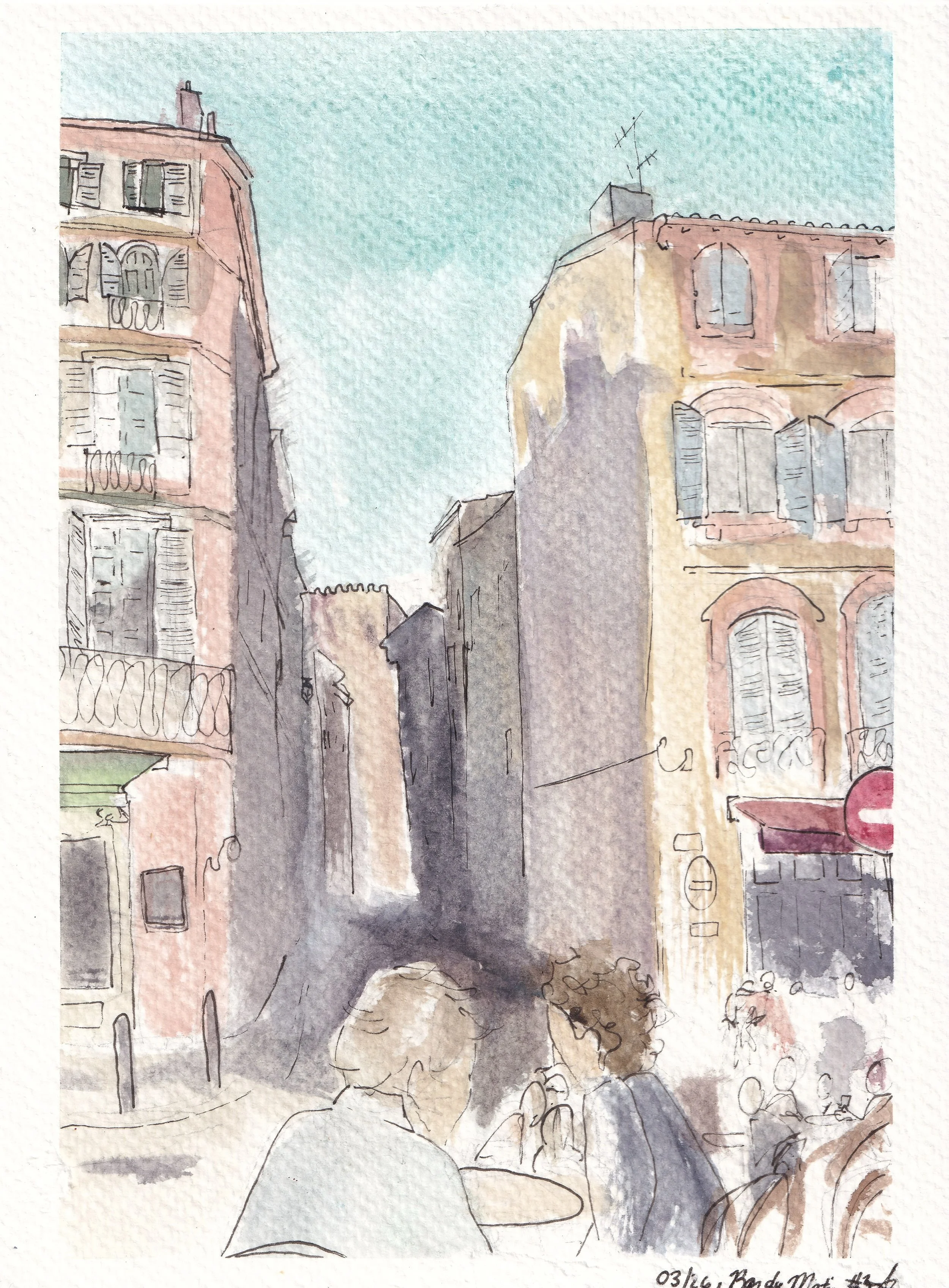Rue des Polinaires (Bar du Matin #3) - 2026, watercolor + pen, 15 cm x 20 cm, available