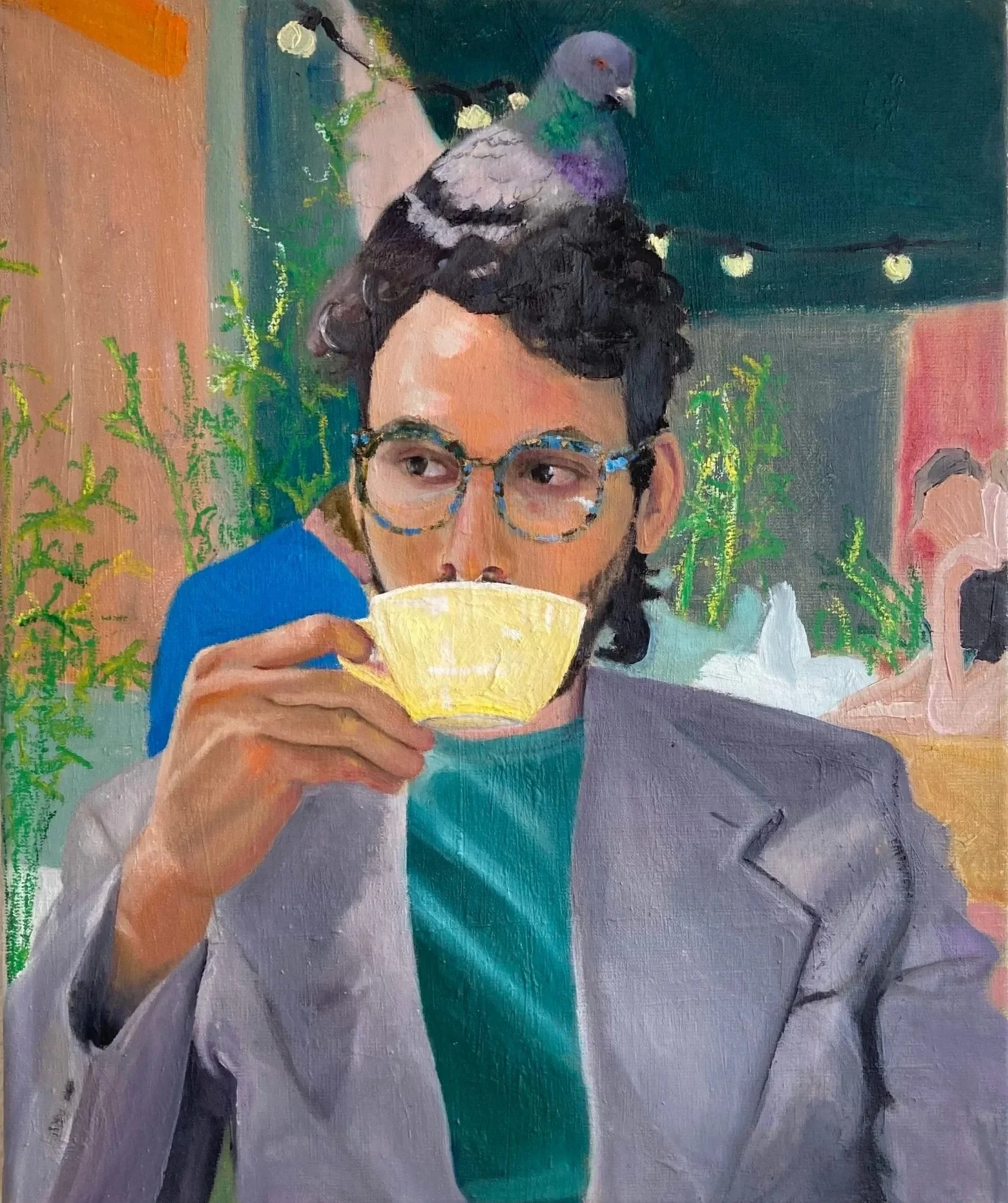 A Latino person in a lilac suit jacket holds a yellow coffee mug, mid-sip. He has on blue tortoiseshell glasses. A pigeon roosts on his head like his hair is a nest. In the background, people are drinking coffee at a cafe amidst plants.