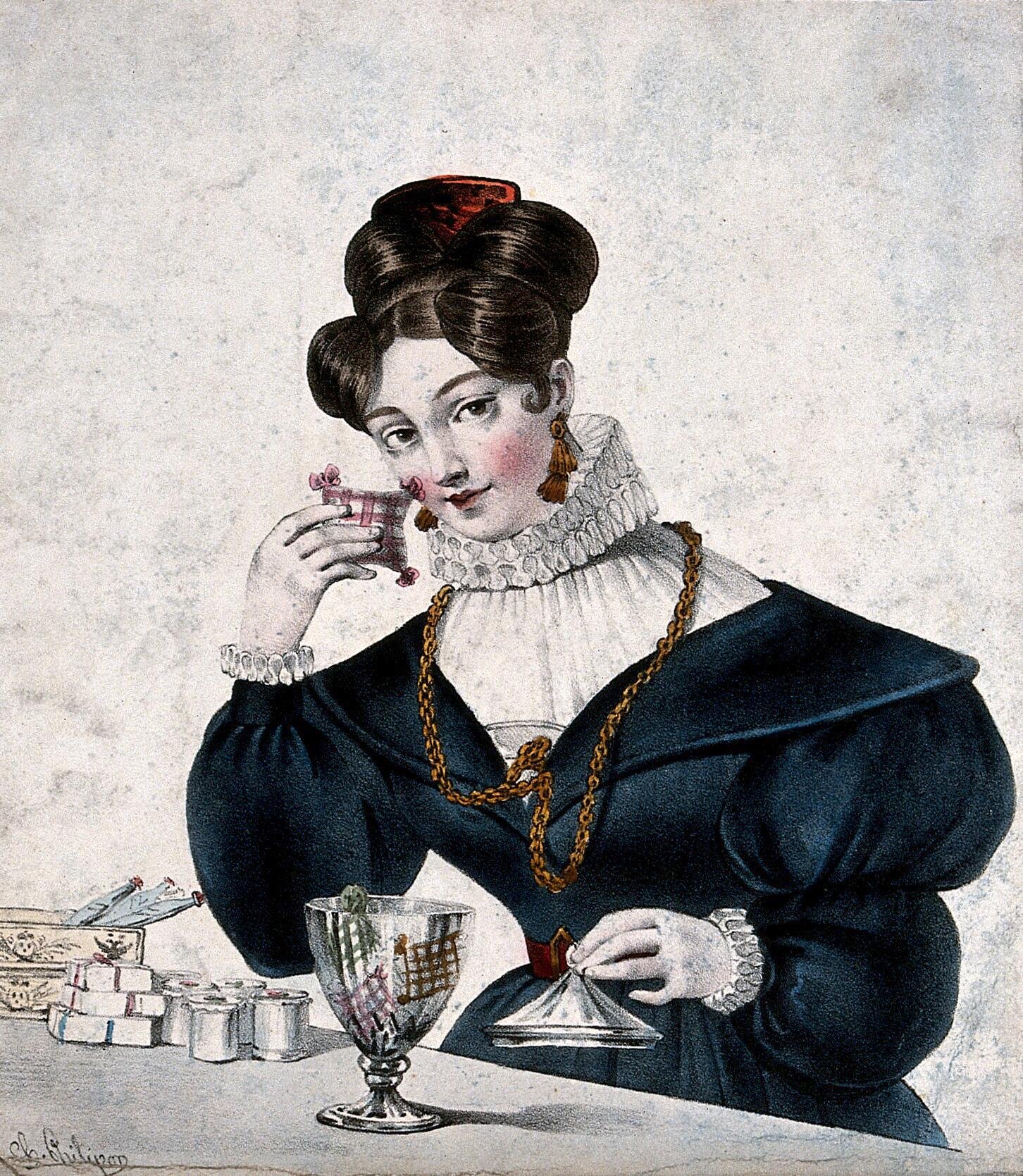 A woman perfume-seller holds a small lavender bag up to her face. Coloured lithograph by Joséphine-Clémence Formentin after Charles Philipon, 1828..jpg