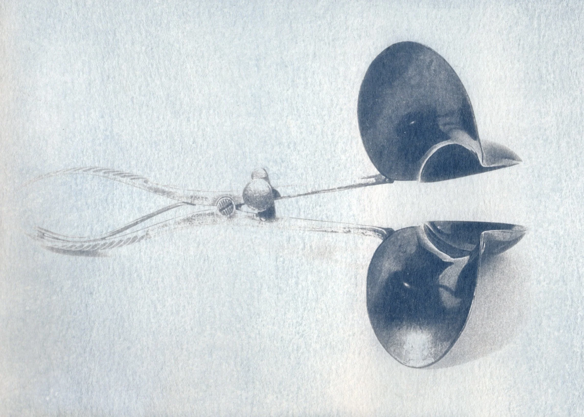 Unique cyanotype using original digital image: Double spoon-bowl obstetric speculum. Wellcome Collection.