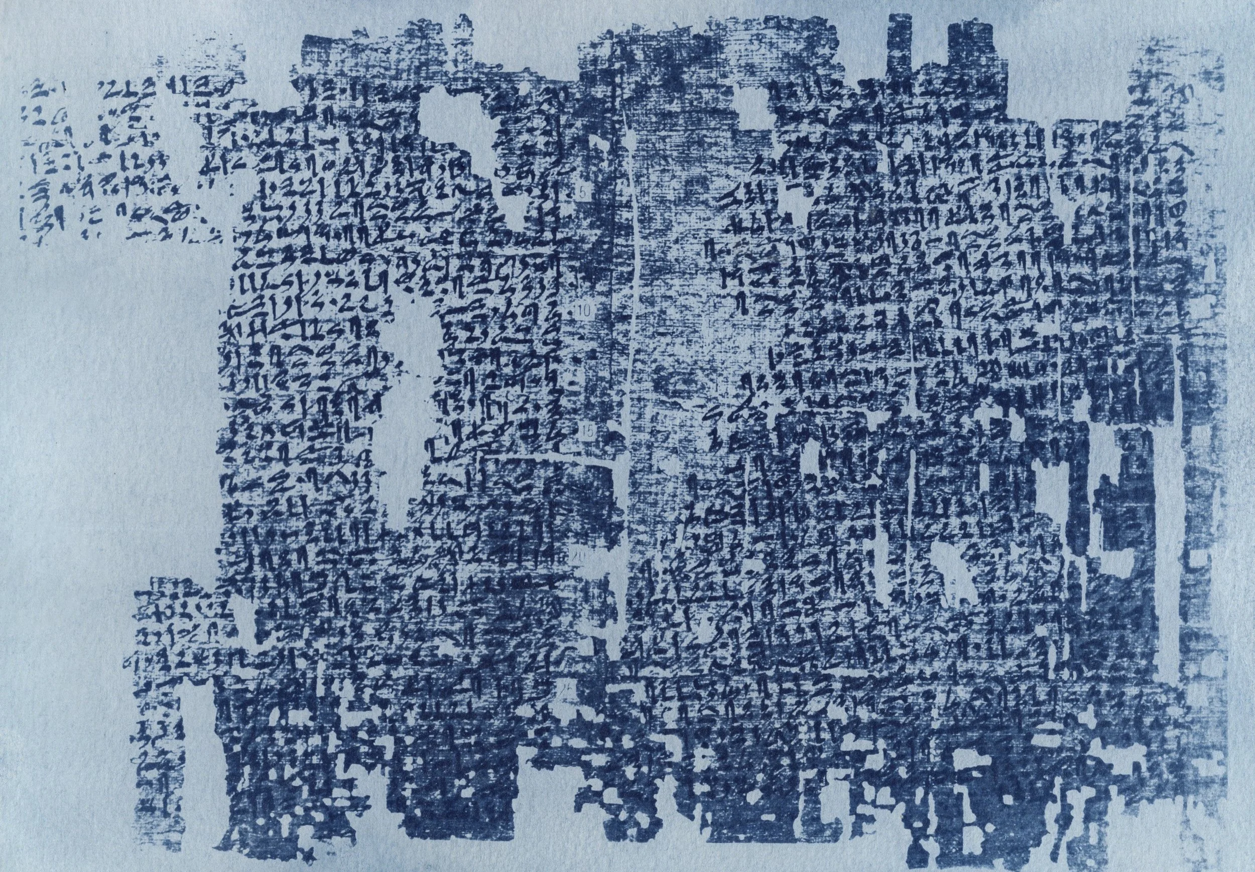 Unique cyanotype using original digital image reproduced with permission from Wellcome Collection: Reproduction of fragments of an Ancient Egyptian medical papyrus containing gynaecological instructions and prescriptions. M0008144: Medical Papyrus. S
