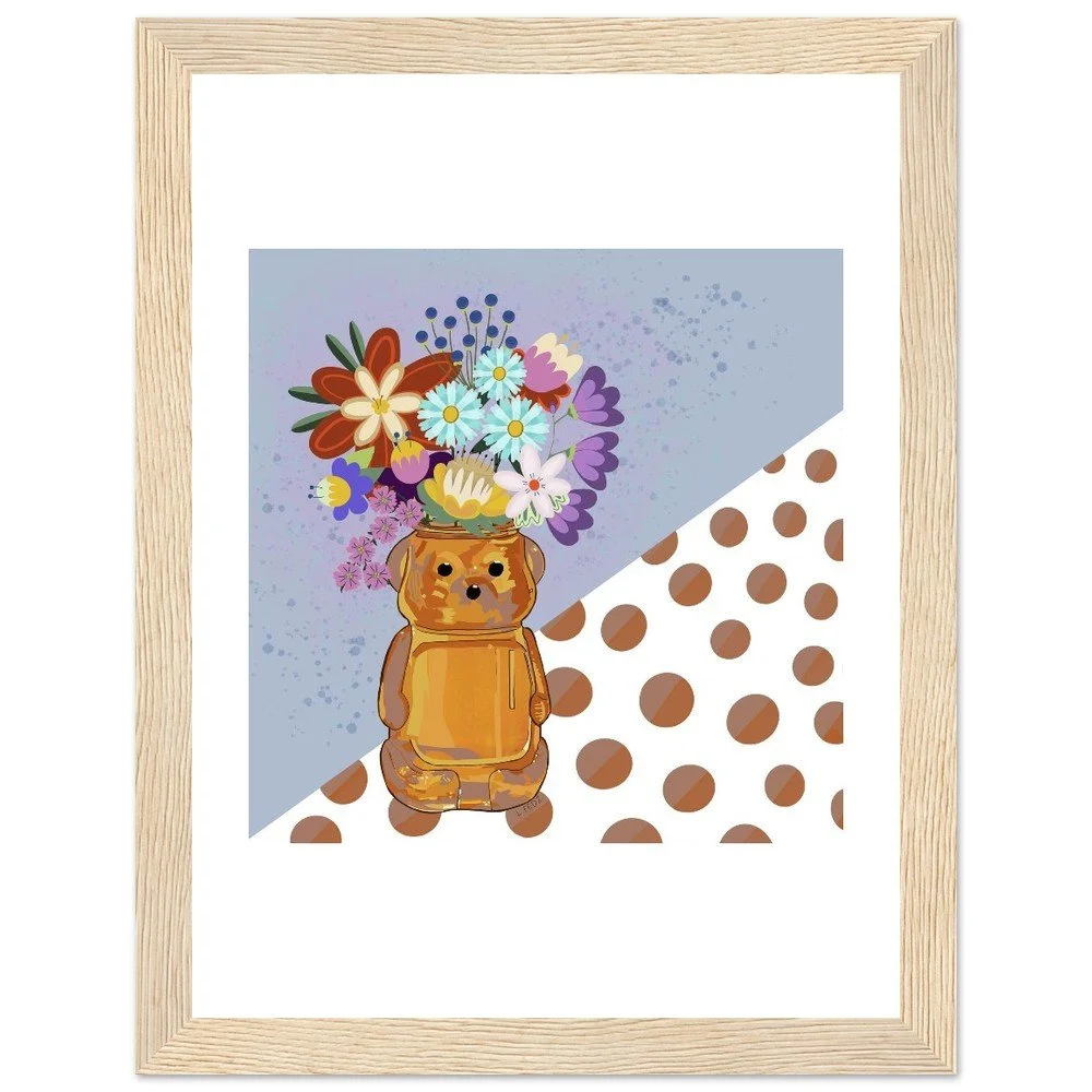 Honey Bear Vase Poster - Framed Art with Floral Firework Dots