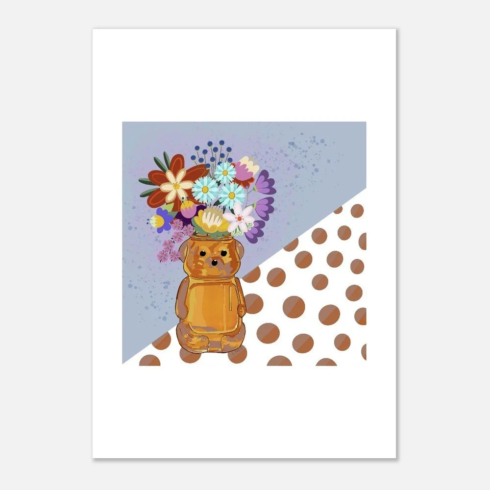 Honey Bear Vase Poster – Vibrant Florals & Blue  Decor