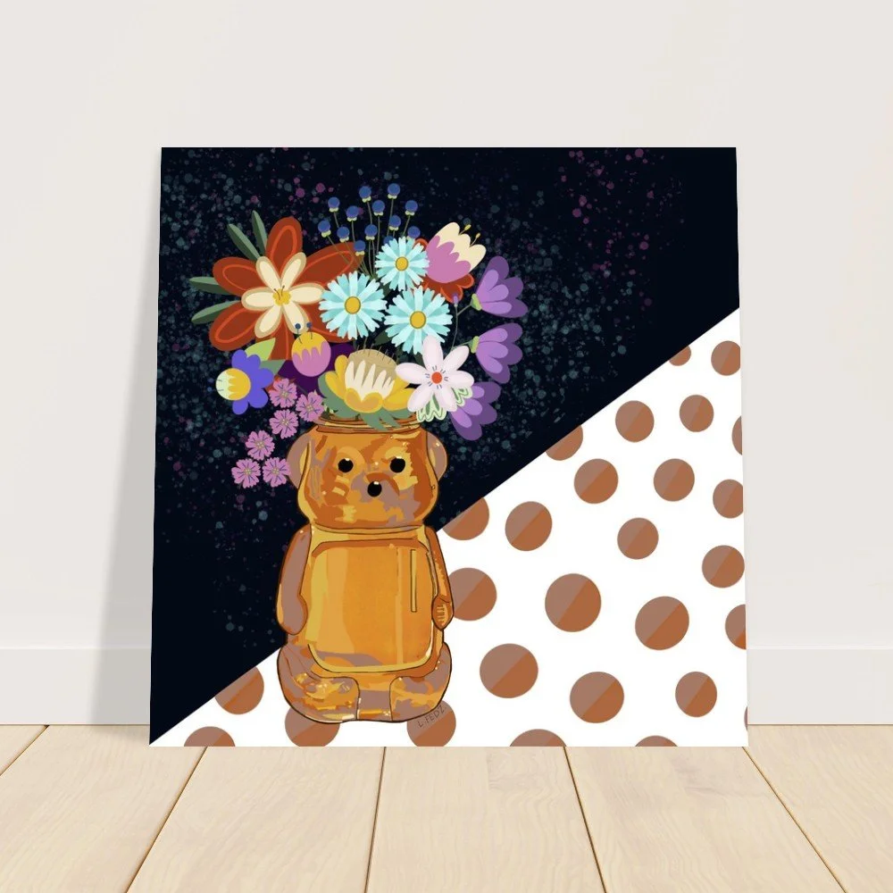 Honey Bear Vase Poster – Bright Floral Design on Polka Dot Background