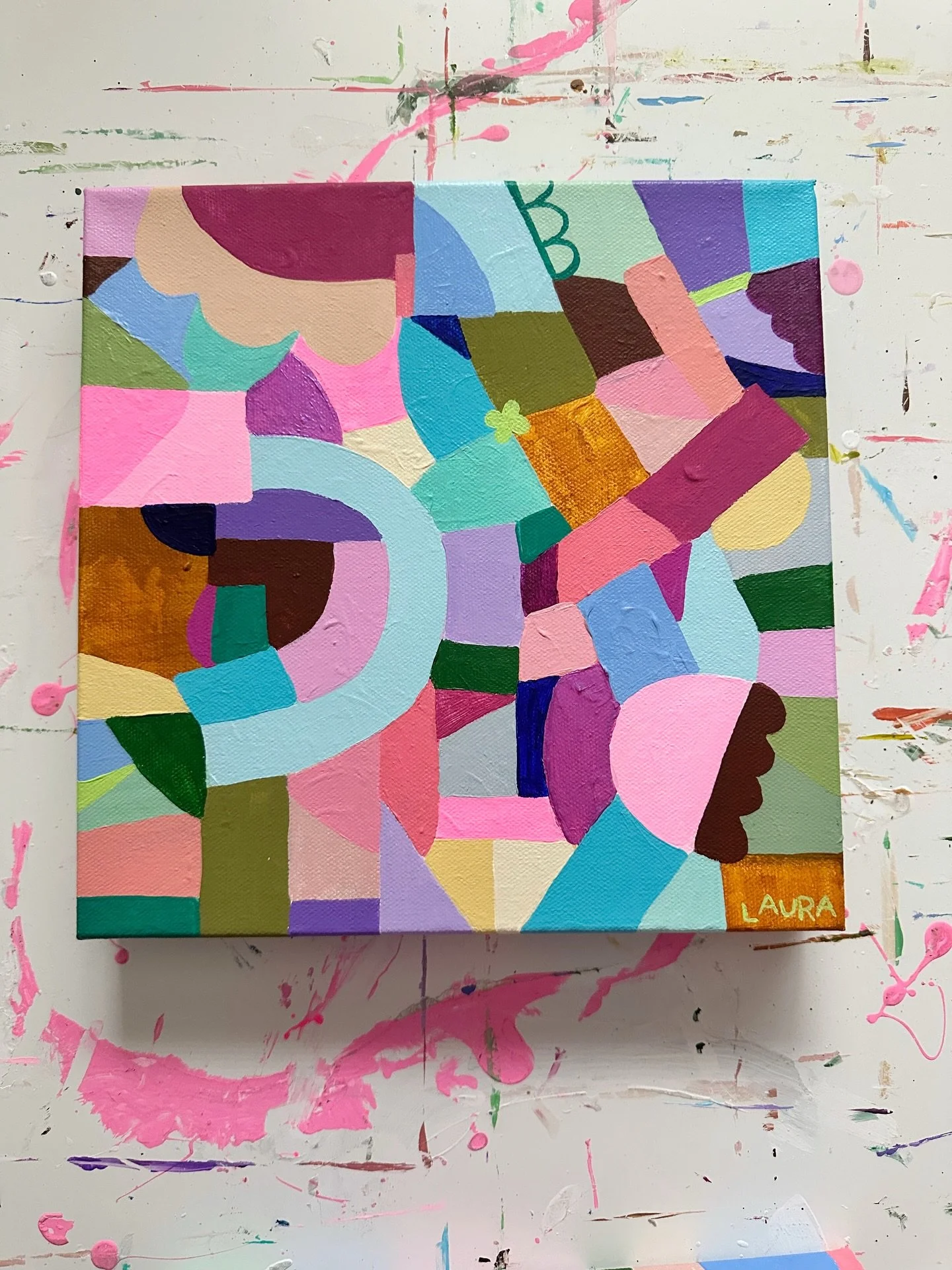 &ldquo;Ladder to Goodness&rdquo; 10&rdquo; x 10&rdquo; Acrylic on Gallery Wrapped Canvas. 2026 (from Interrupted Series) 

Interrupted Series Thoughts: 
The interplay of shapes and colors has fascinated me lately. Shapes interrupted or changed by the