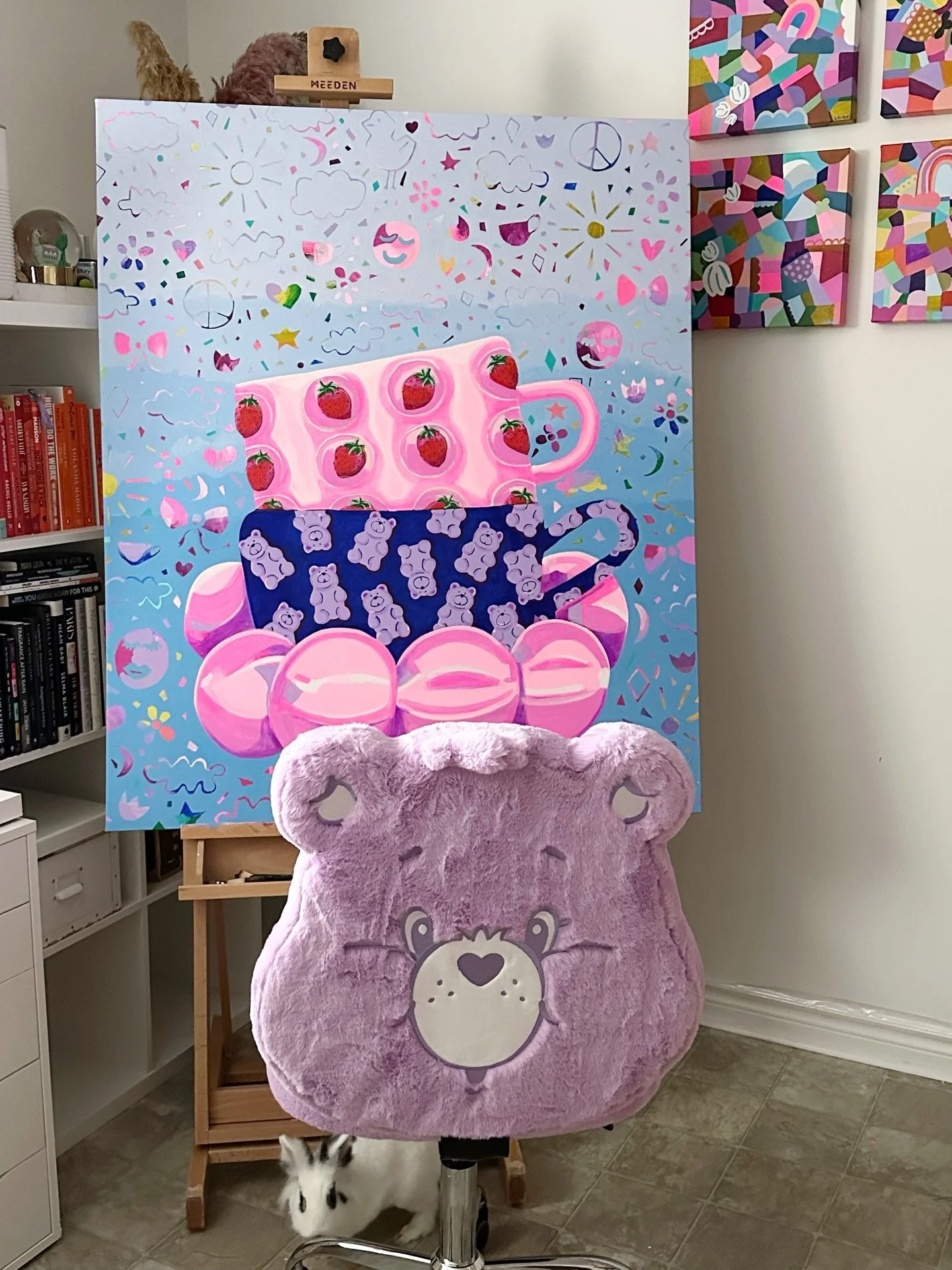 Me and my Sundae Bundae getting ready to finish up this mug painting this morning. ✨ 

#painting #carebears #studioscenes #femaleartist #brightartwork