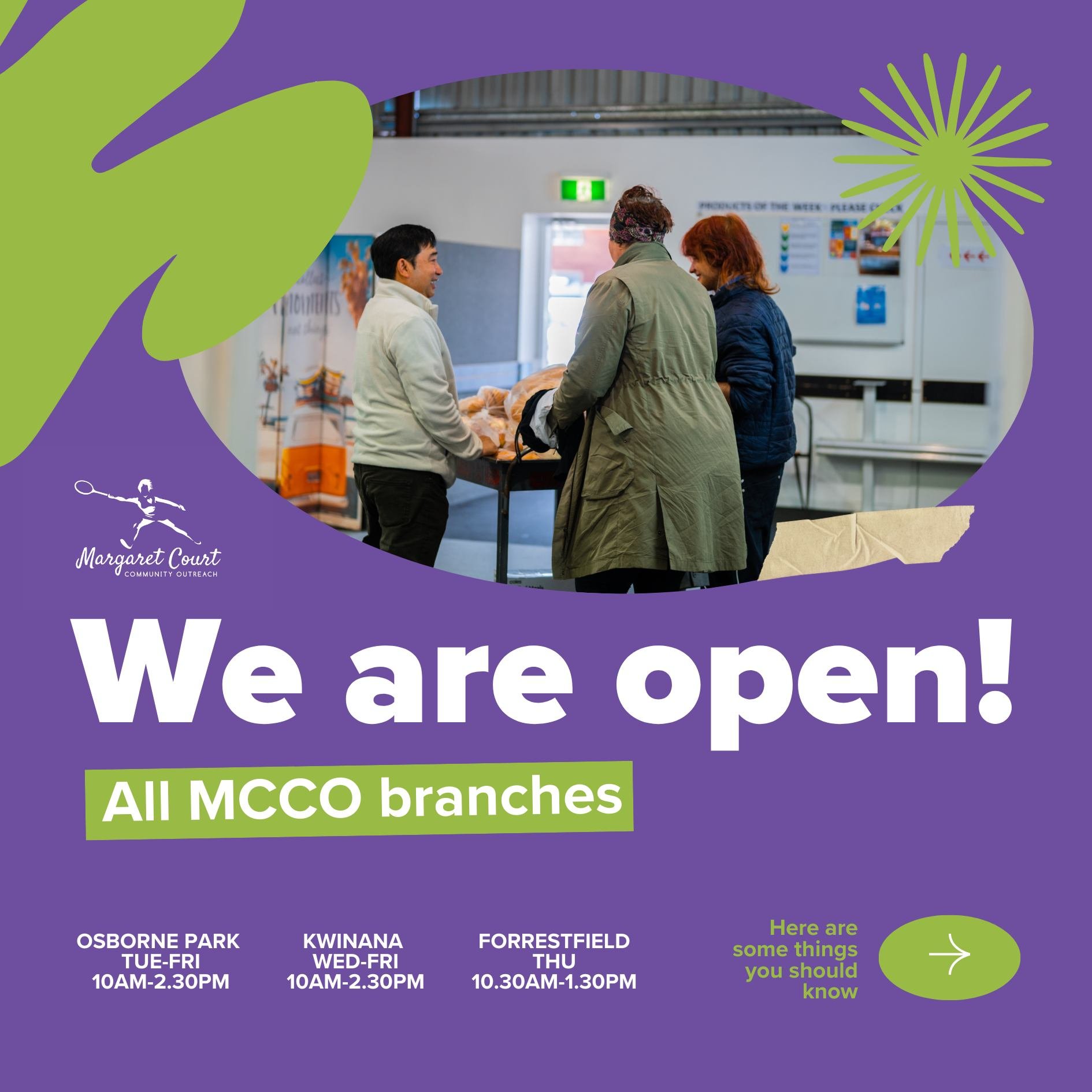 🌟 MCCO is Open and Ready for 2025! 🌟

We&rsquo;re so excited to welcome you back to Margaret Court Community Outreach (MCCO) this week! Whether you&rsquo;re a new client or one of our regulars, we&rsquo;re here to serve you with love and care in 20