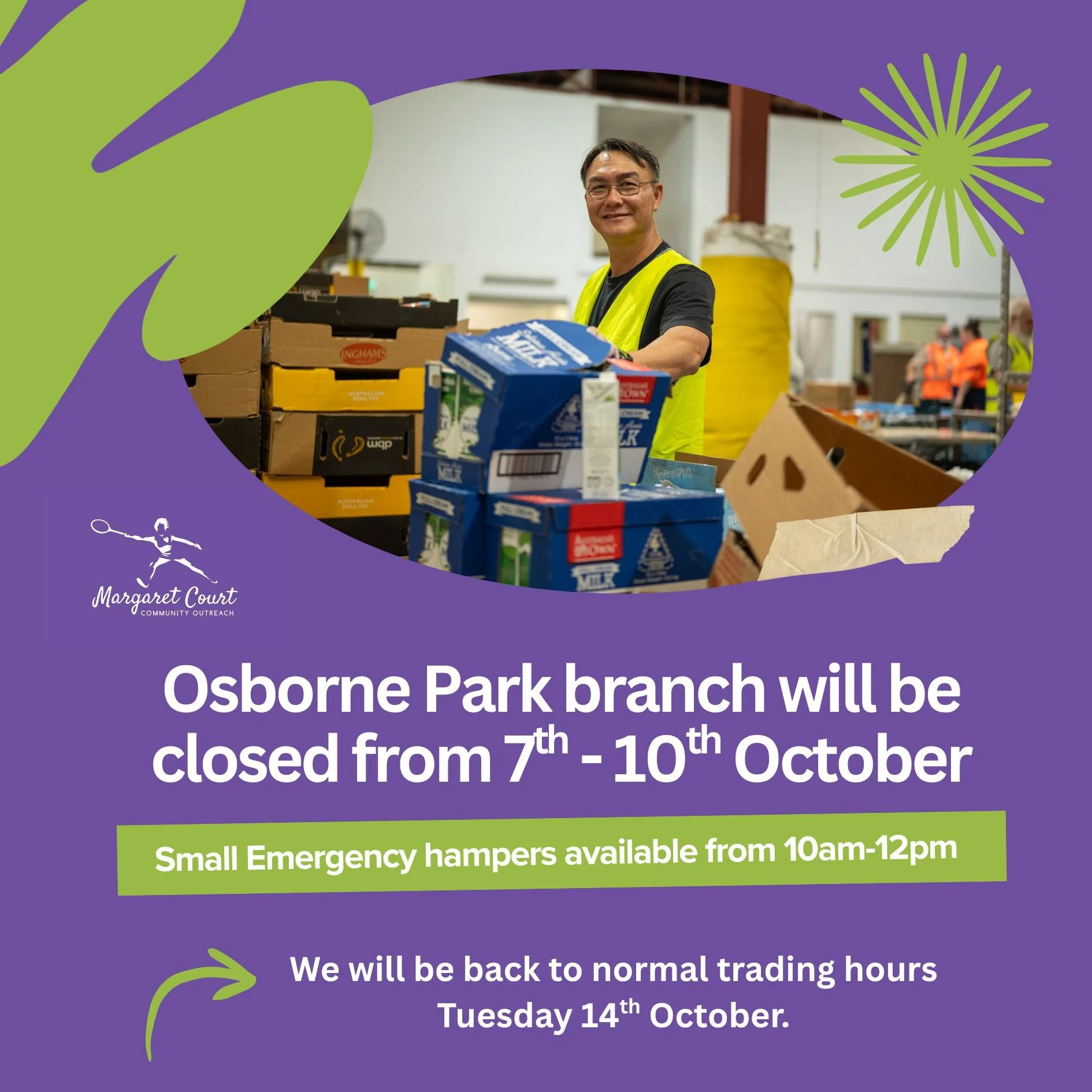 💙 MCCO Osborne Park Update

Our Osborne Park branch will be closed from 7th&ndash;10th October.

🌸 Small emergency hampers will be available between 10am&ndash;12pm during this time.

We look forward to welcoming you back when we reopen with normal