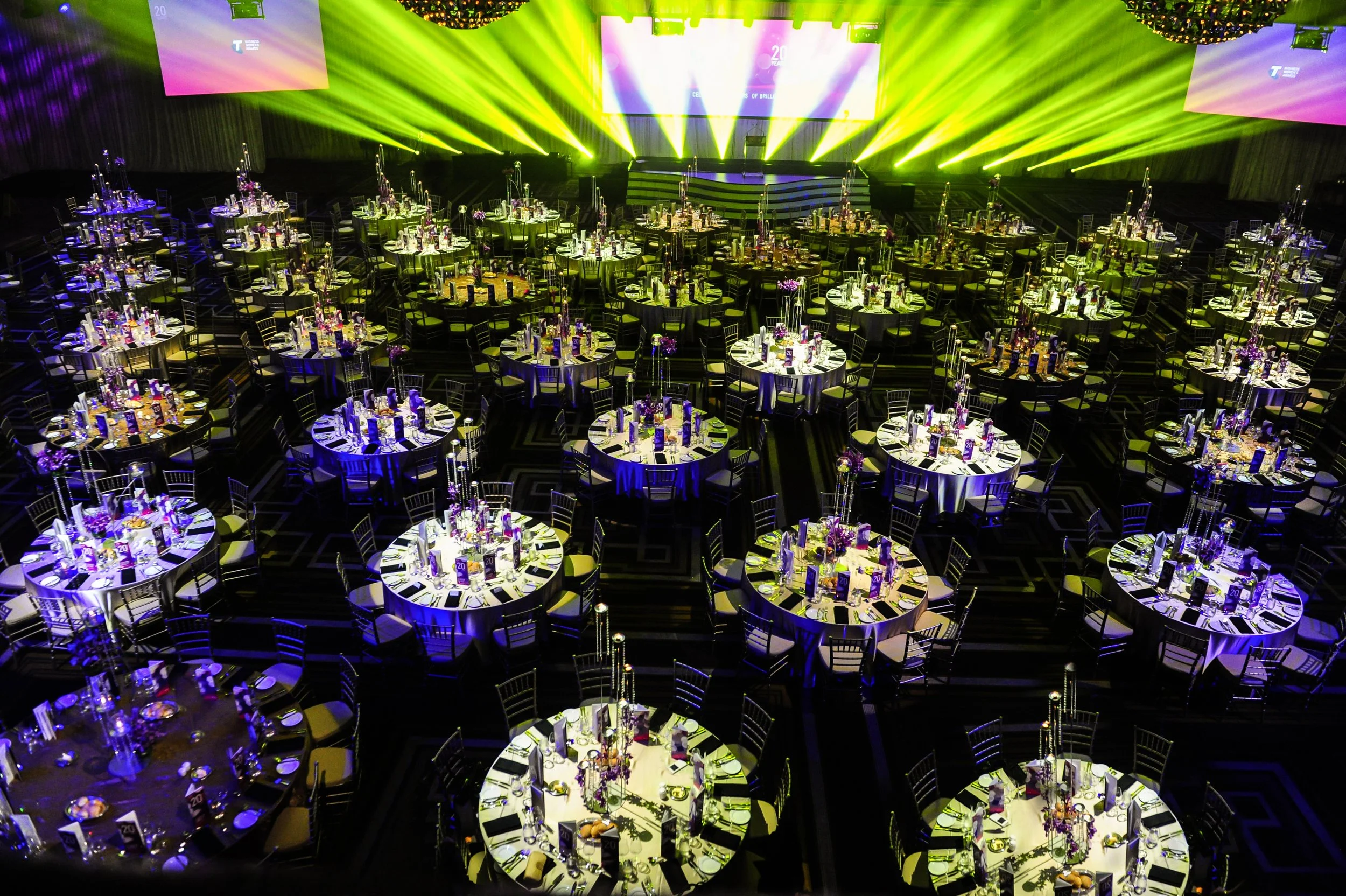 Corporate awards night in Sydney featuring bespoke event styling, centrepieces, linen and lighting production
