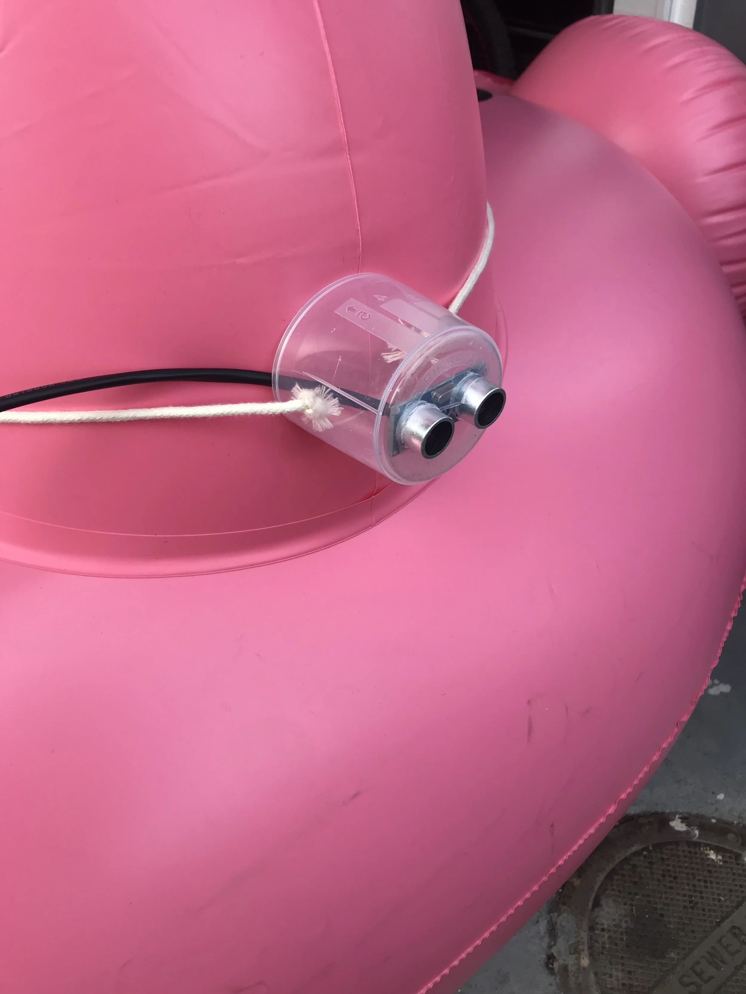  Ultrasonic sensor is installed on the front of the float to detect obstacles.  The system alerts the kid by playing a buzzer tone when an obstacle is detected.  The sensor has maximum 6 degree angle of detection.  To increase the angle of detection 