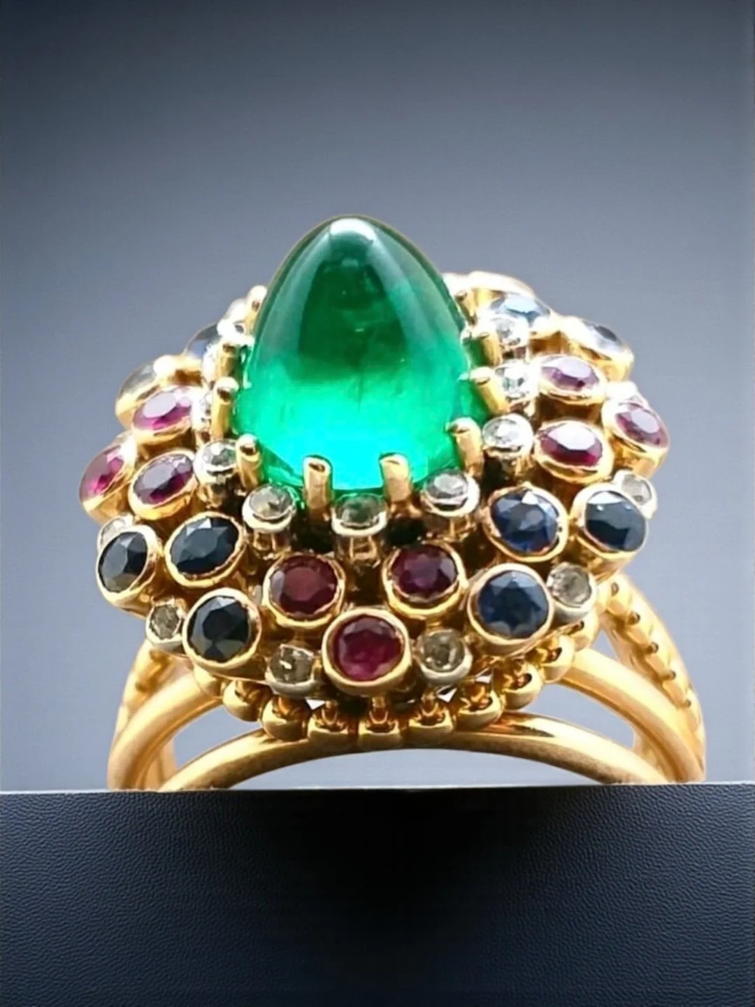 Boucheron, 1950's sugarloaf Colombian emerald 2.5 cts set in an 18kt gold ring and framed by round rubies, sapphires and diamonds.