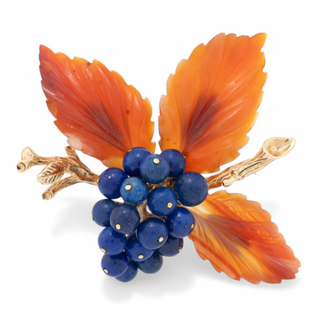 Mid-Century Austrian Gold, Lapis, and Carnelian Floral Brooch