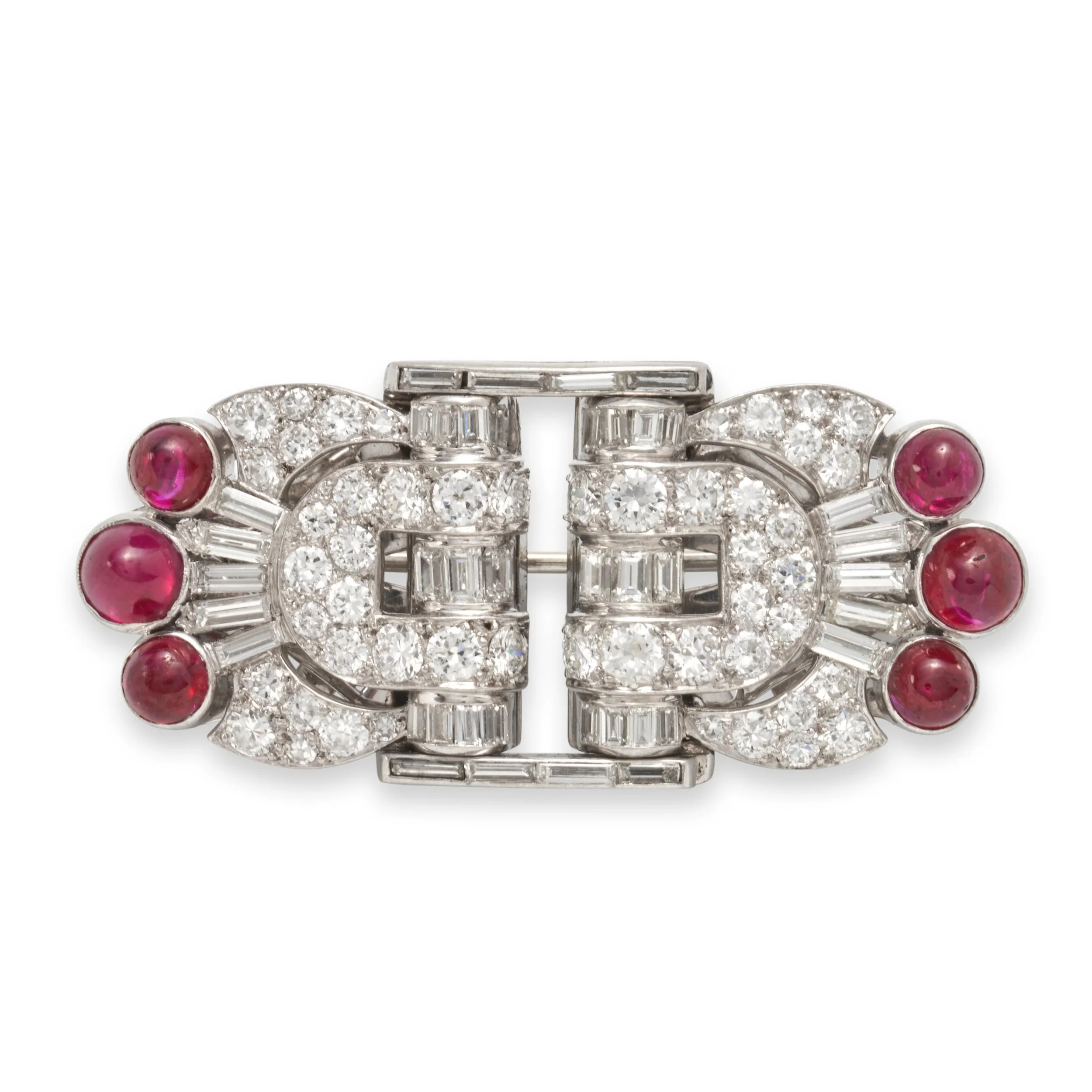 ART DECO PLATINUM, RUBY AND DIAMOND DOUBLE CLIP BROOCH
Each set with ruby cabochons, with full and baguette-cut diamonds, approximate total diamond weight 4.15 carats, with 18k white gold fitting for brooch conversion, French maker's marks and guara