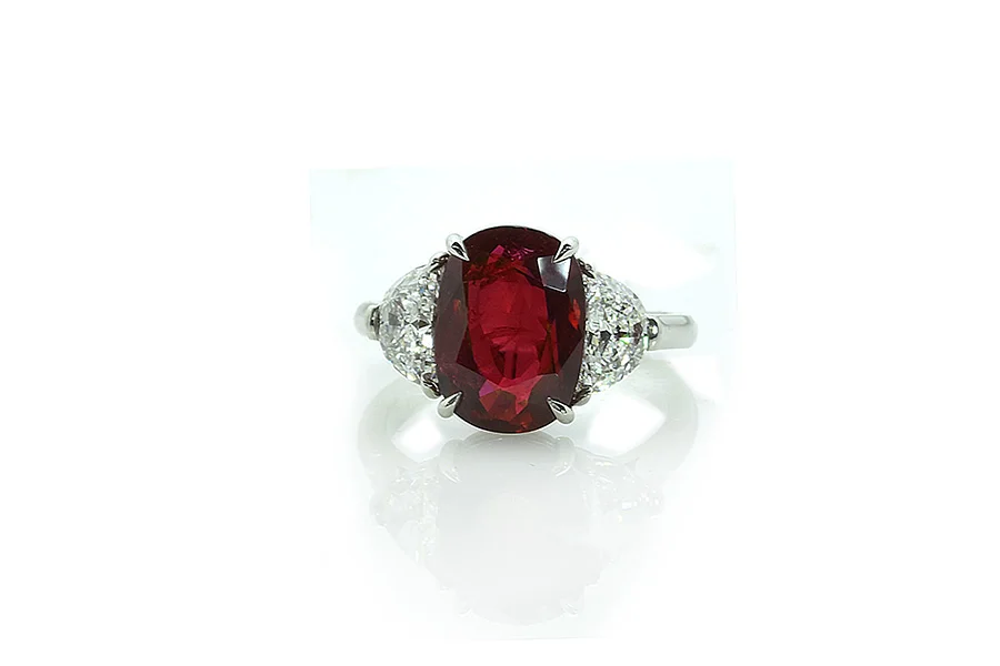 Contemporary platinum, ruby and diamond ring